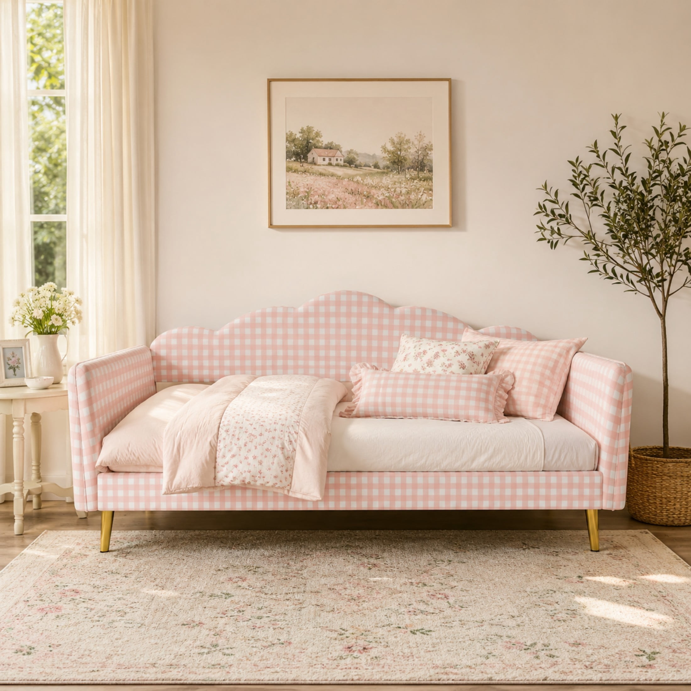 Noble House Jocast Twin Size Upholstered Platform Daybed, Gingham Pattern Headboard and Side Armrests, Pink