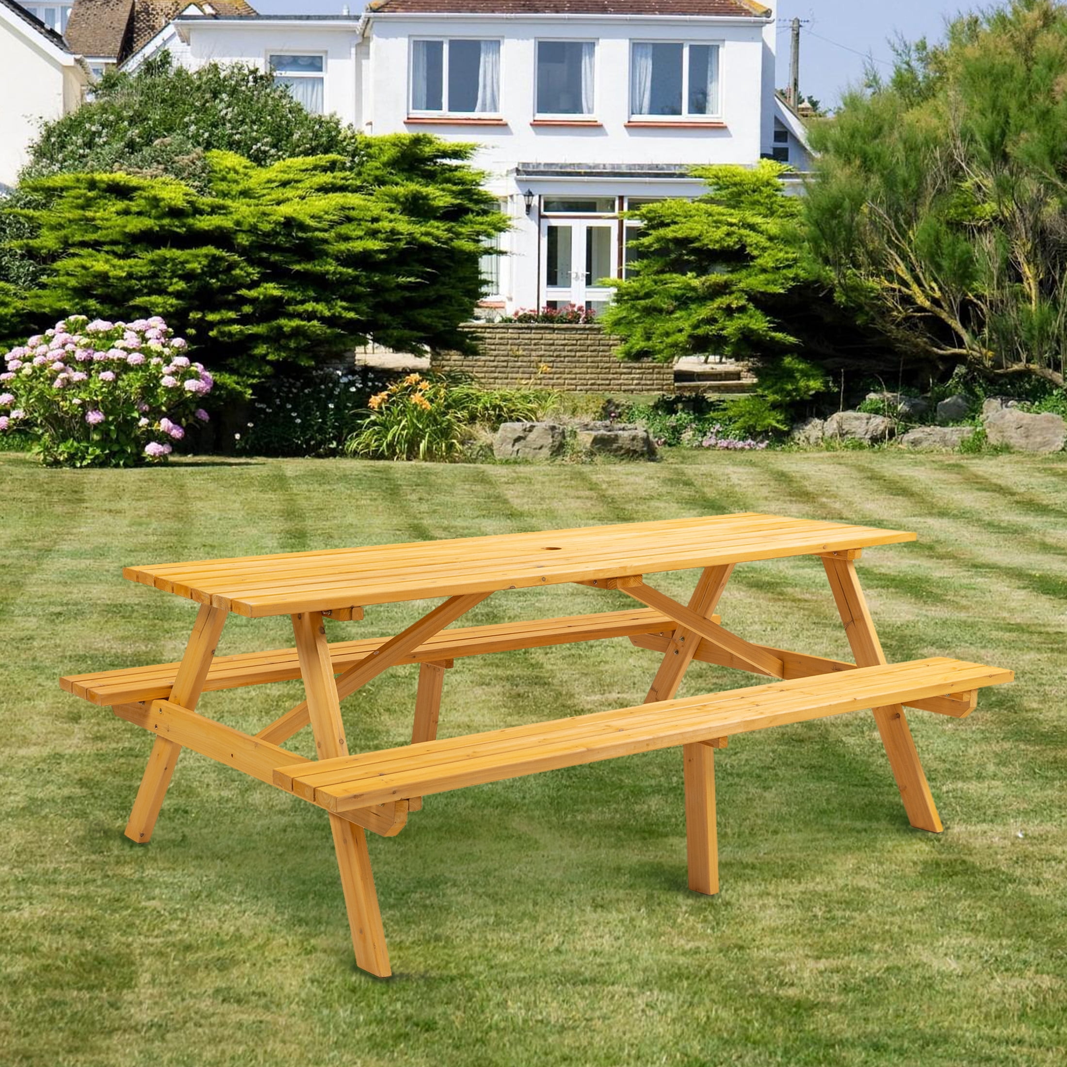 Noble House Jocasta 8-Seat Rectangular Outdoor Picnic Set, Patio Wooden Dining Table with Built-in Benches, Natural