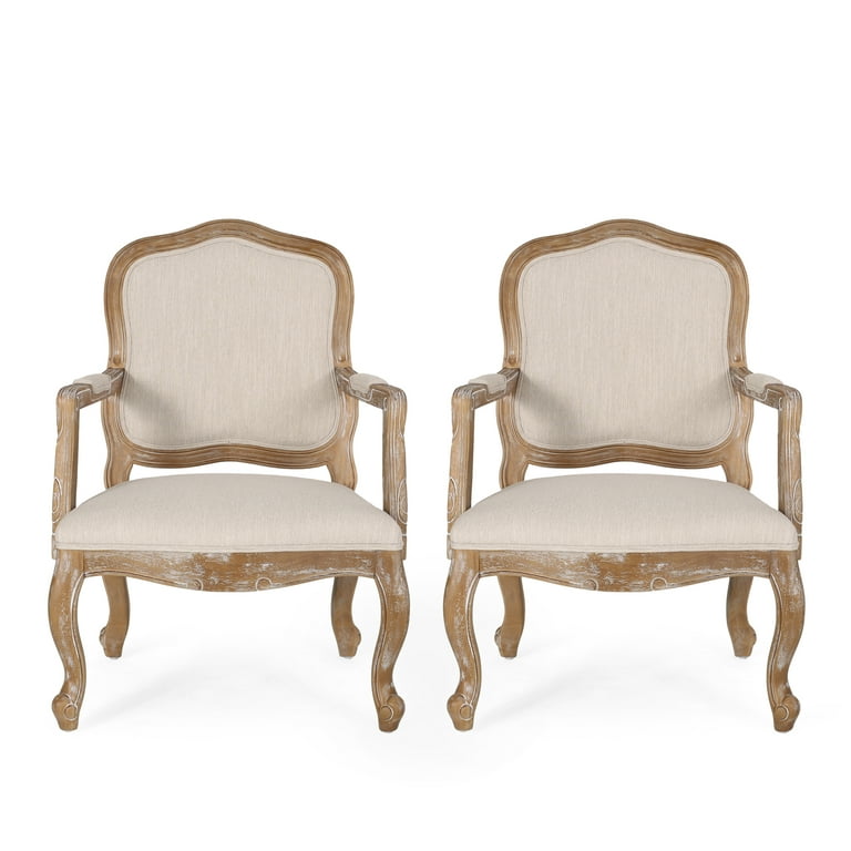 Noble House Joni French Wood Upholstered Dining Armchair, Set of 2, Beige,  Natural 