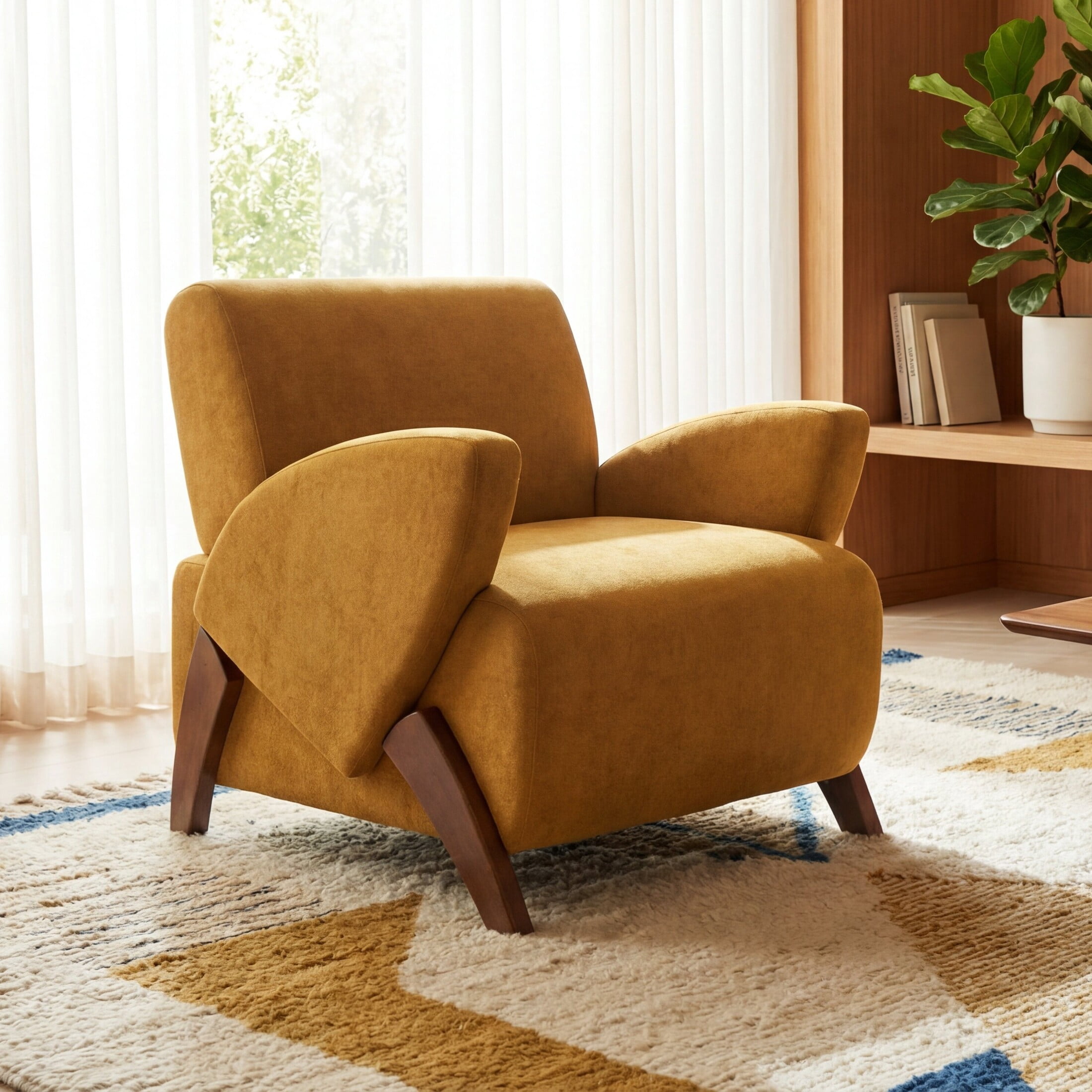 Noble House Jordon 28" Velvet Upholstered Accent Lounge Chair with Birch Legs, for Living Room, Brown Yellow