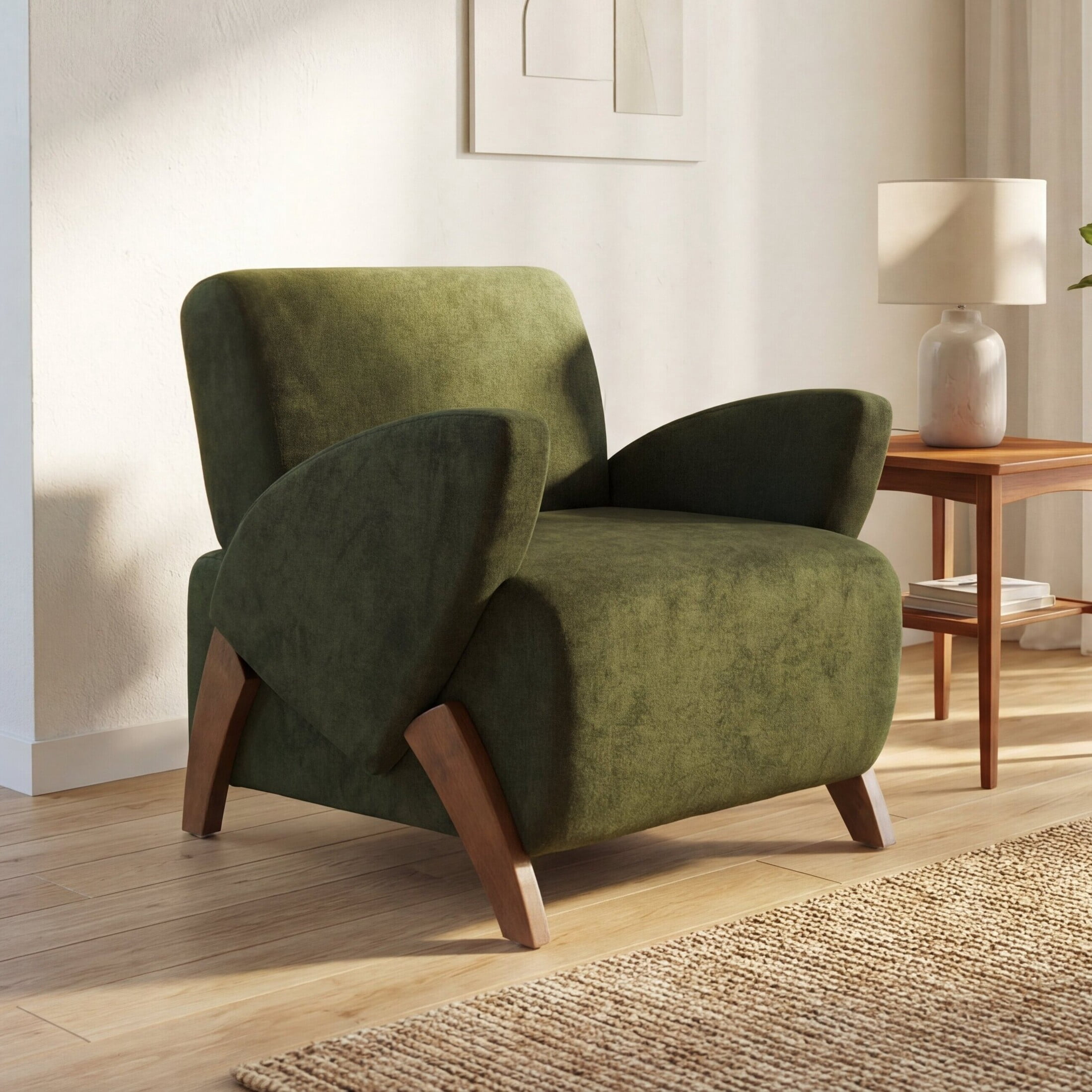 Noble House Jordon 28" Velvet Upholstered Accent Lounge Chair with Birch Legs, for Living Room, Dark Green