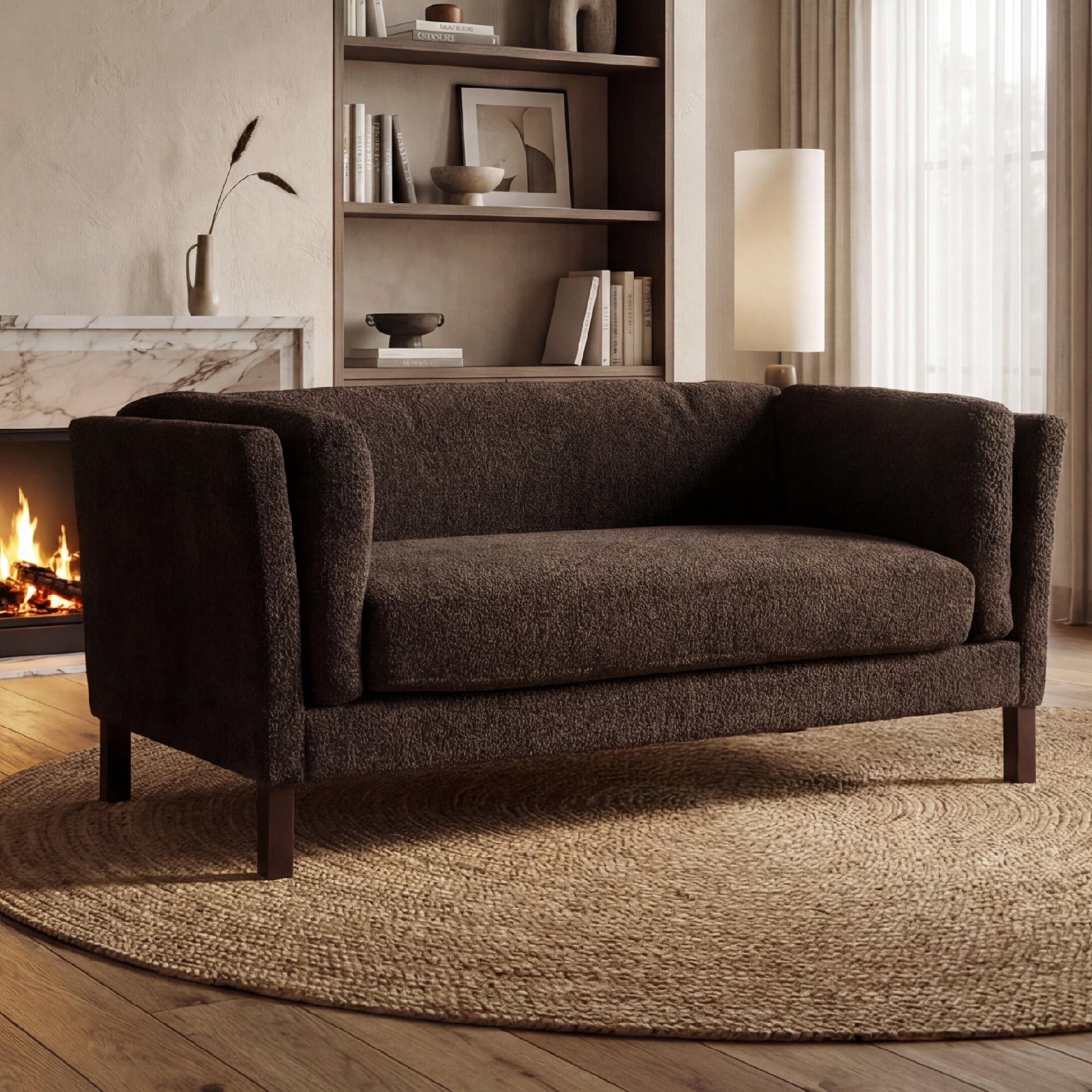 Noble House Julisa 58" Modern Chenille Fabric Loveseat with Removable Cushion, Fixed Backrest, Dark Brown