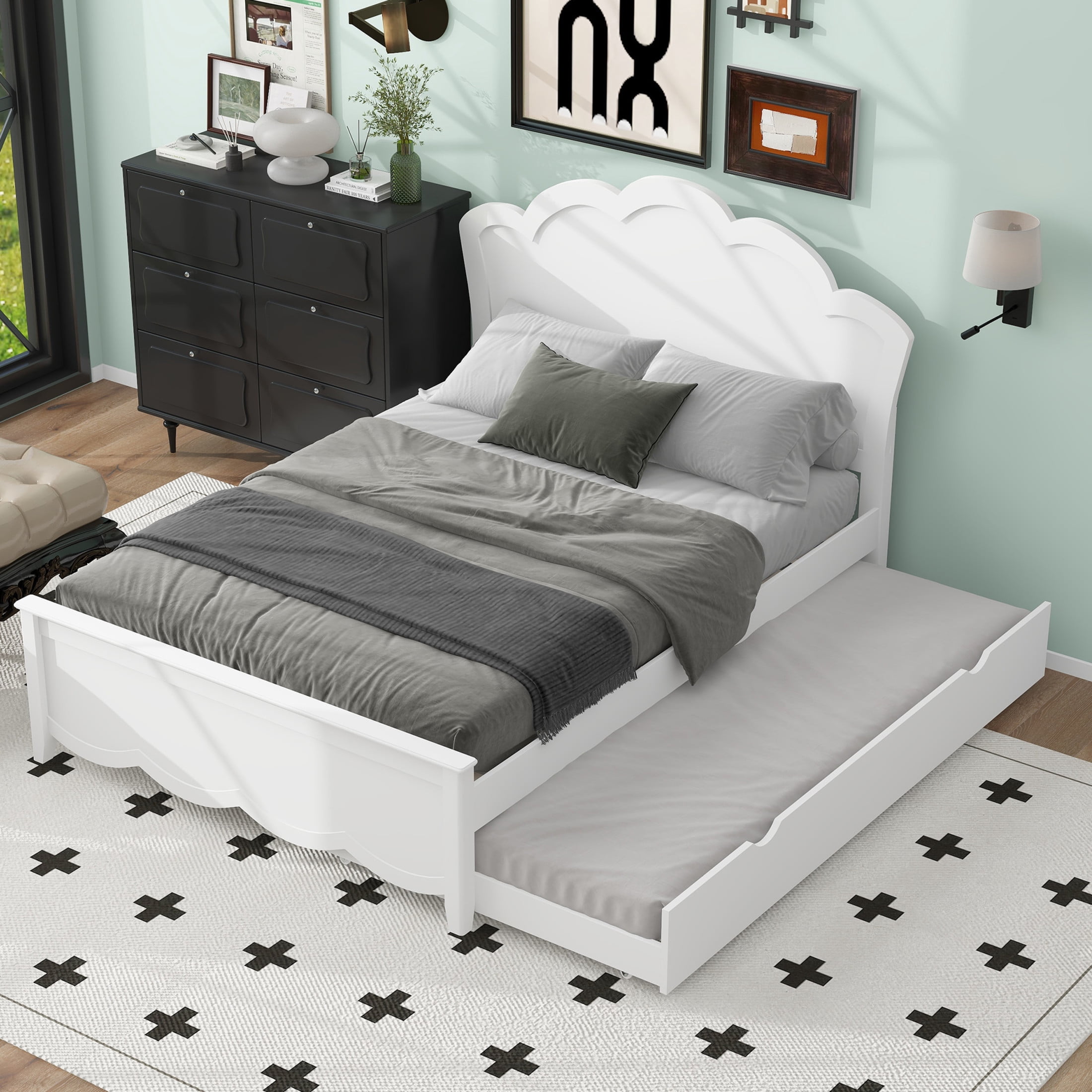 Noble House Junhill Full Size Wood Platform Bed with Headboard and Twin Trundle, Solid Pine Wood, White