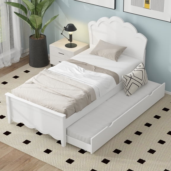 Noble House Junhill Twin Size Wood Platform Bed with Headboard and Twin Trundle, Solid Pine Wood, White