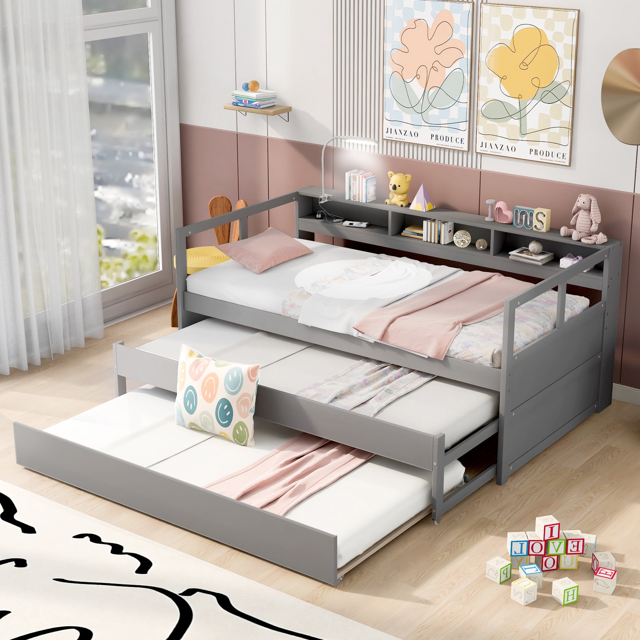 Noble House Junmere Twin XL Wood Daybed with Extra Trundles, Storage Cubbies, USB Charging and Light, Gray