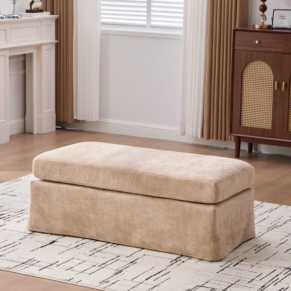 Noble House Junton 46" Chenille Ottoman, Modern Square Foot Stool with Metal Legs, Living Room, Bedroom, Wheat
