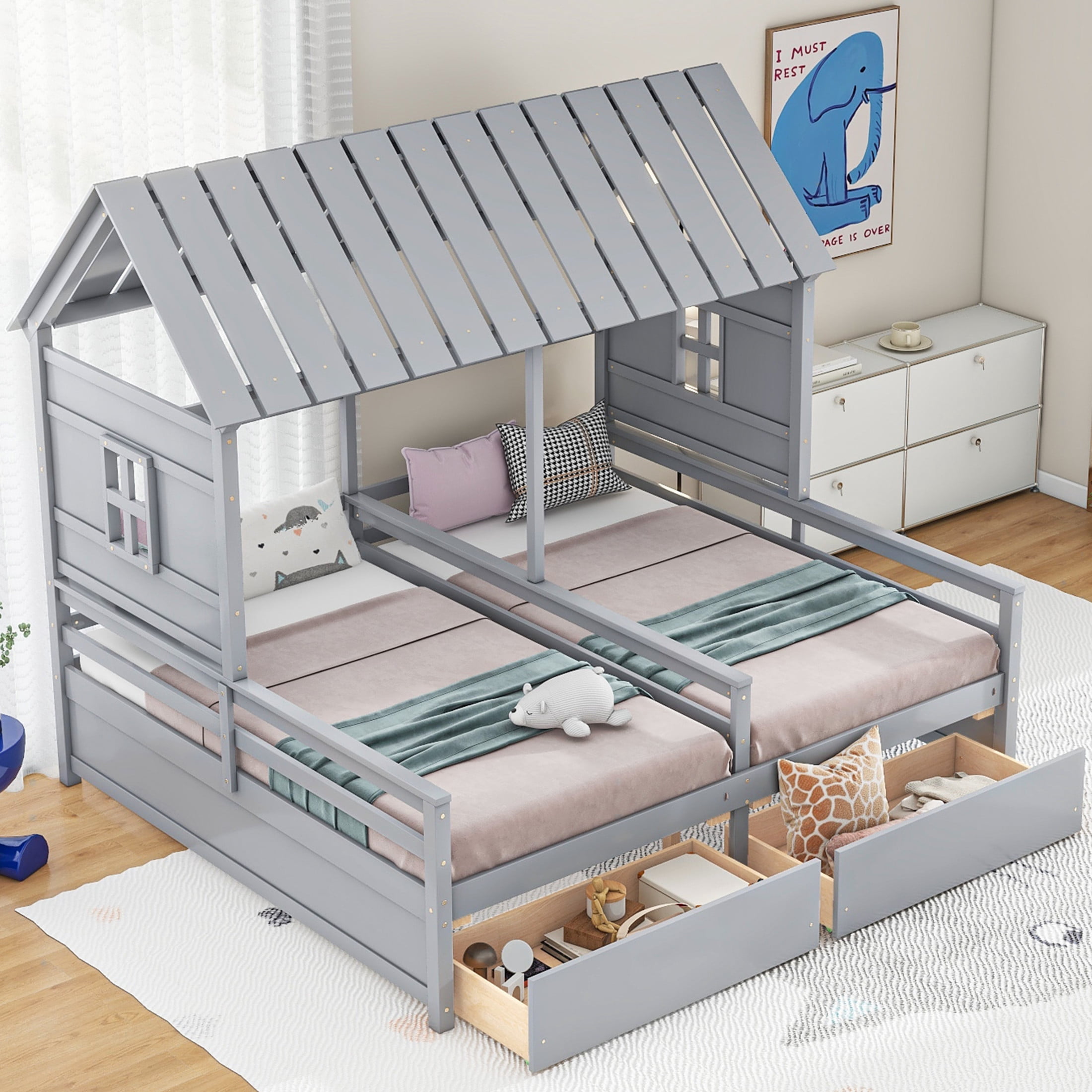 Noble House Junton Dual Twin Size House Platform Bed for Shared Rooms, 2 Side-by-Side Beds with Drawers, Gray