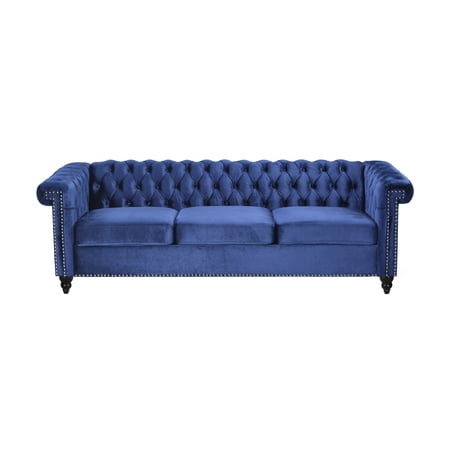 Noble House Kabella Button Tufted Sofa, Midnight Blue, Dark Brown