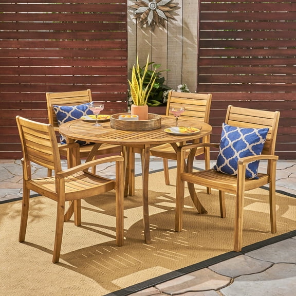 Noble House Kace Outdoor 5 Piece Acacia Wood Round Dining Set, Teak