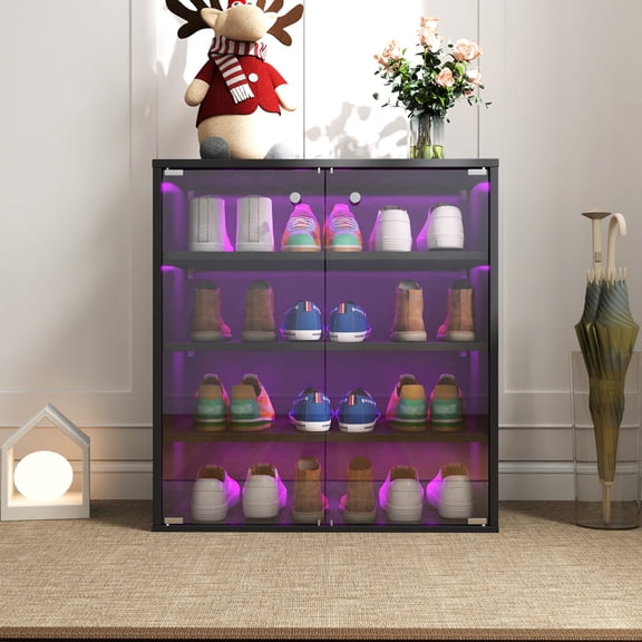 Noble House Kael 23.6" 4-Tier Stackable Shoe Display Cabinet, Tempered Glass Door, RGB LED with Remote, Black