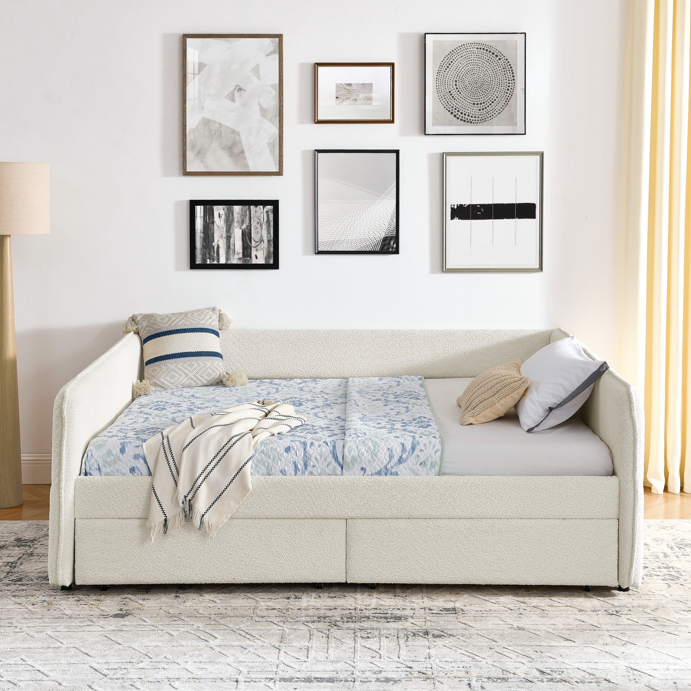 Noble House Kael Queen-Size Daybed with Storage Drawers, Tufted Boucle Sofa Bed Frame and Padded Backrest, Beige