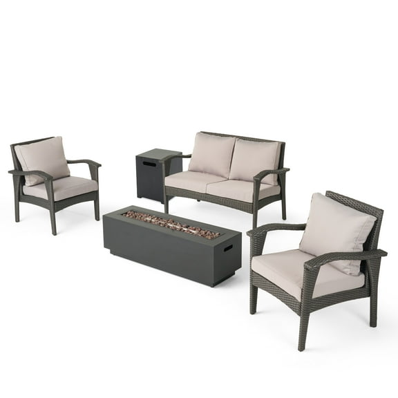 Noble House Kahala Outdoor 4 Seater Wicker Chat Set with Fire Pit Gray