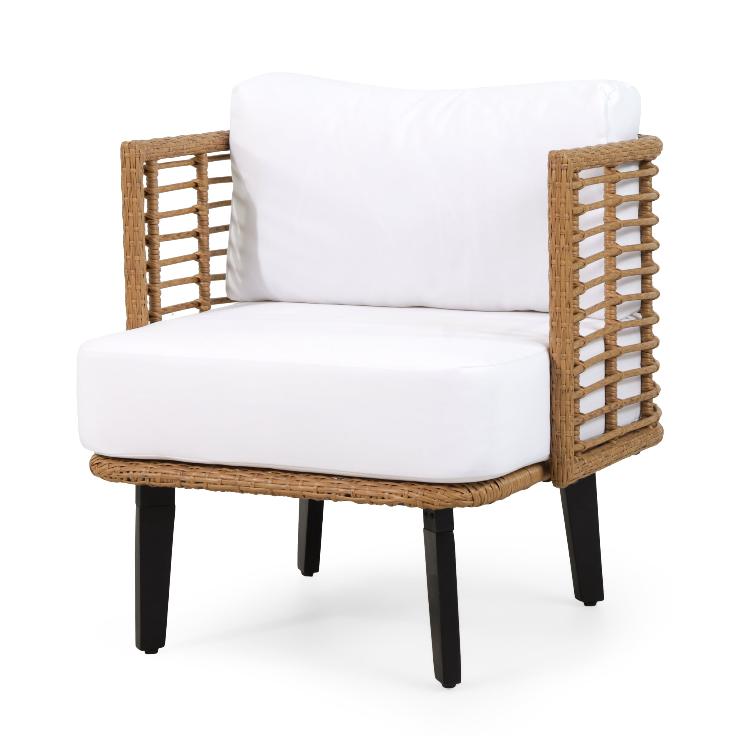 Noble House Kamin Wicker Club Chair with Water Resistant Cushion, Light Brown/White