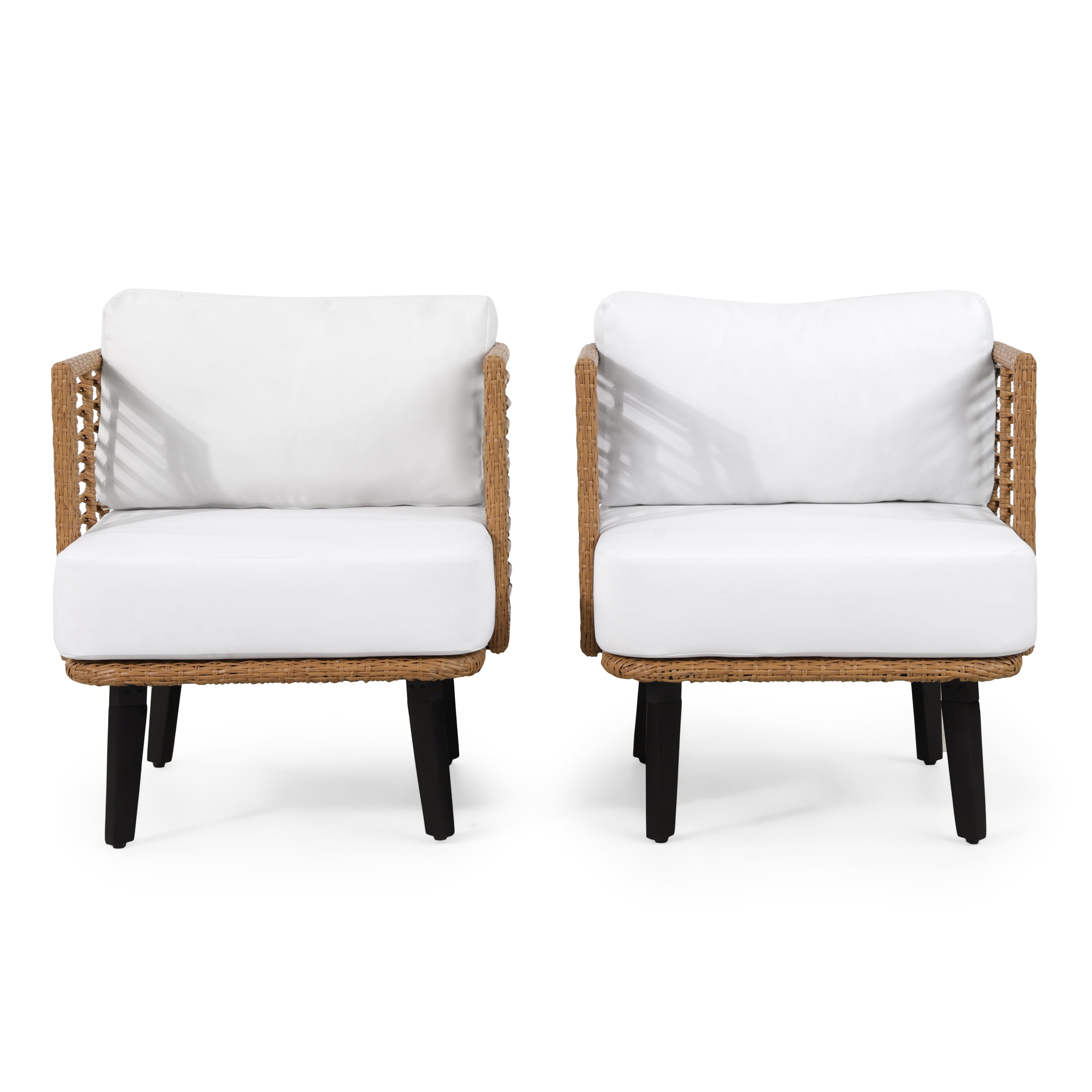 Light Brown Wicker Outdoor Club Chair with White Cushions, Set of 2