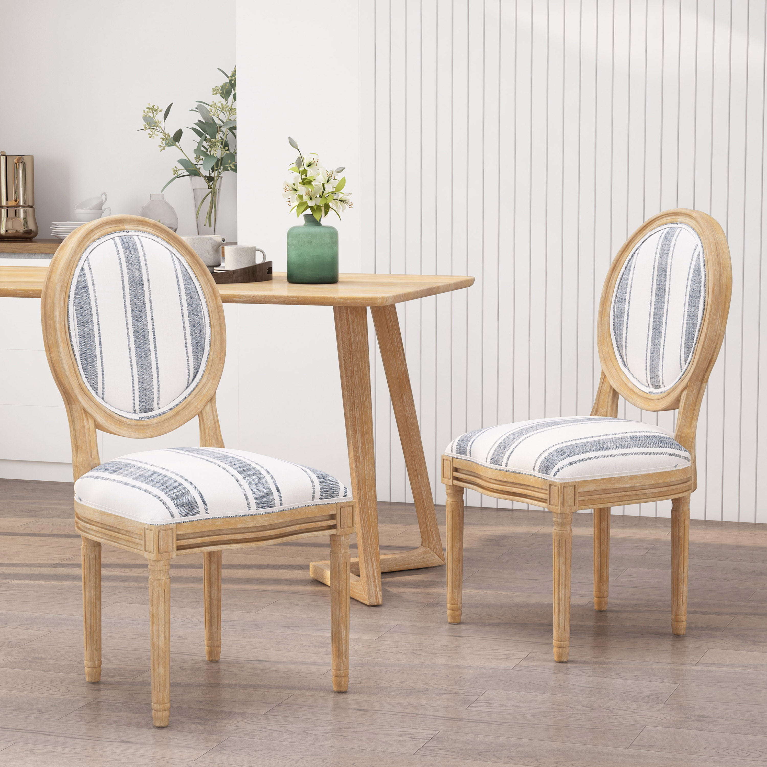 French Country Blue and Beige Upholstered Wooden Dining Chair Set