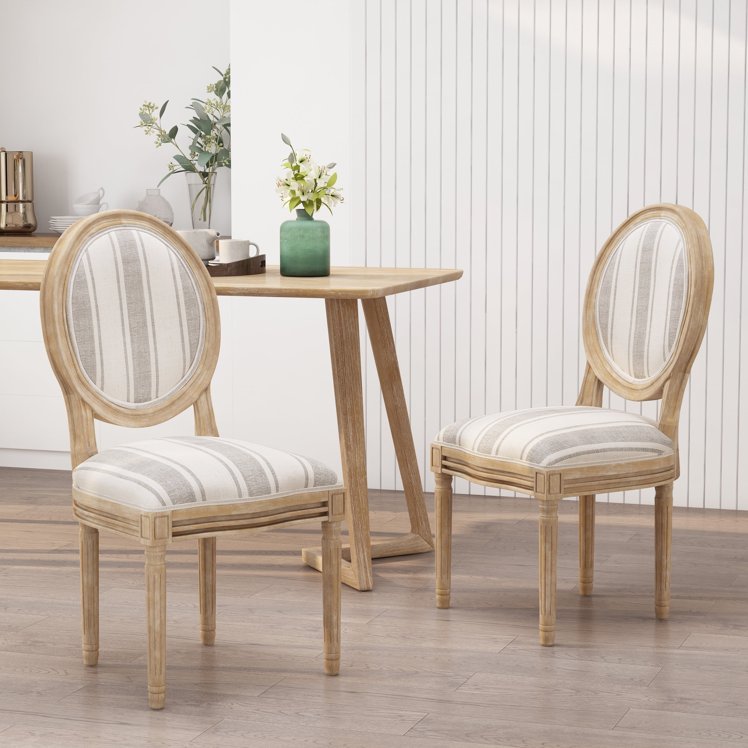 Noble House Karter Indoor French Fabric Dining Chairs, Set of 2, Gray Stripes