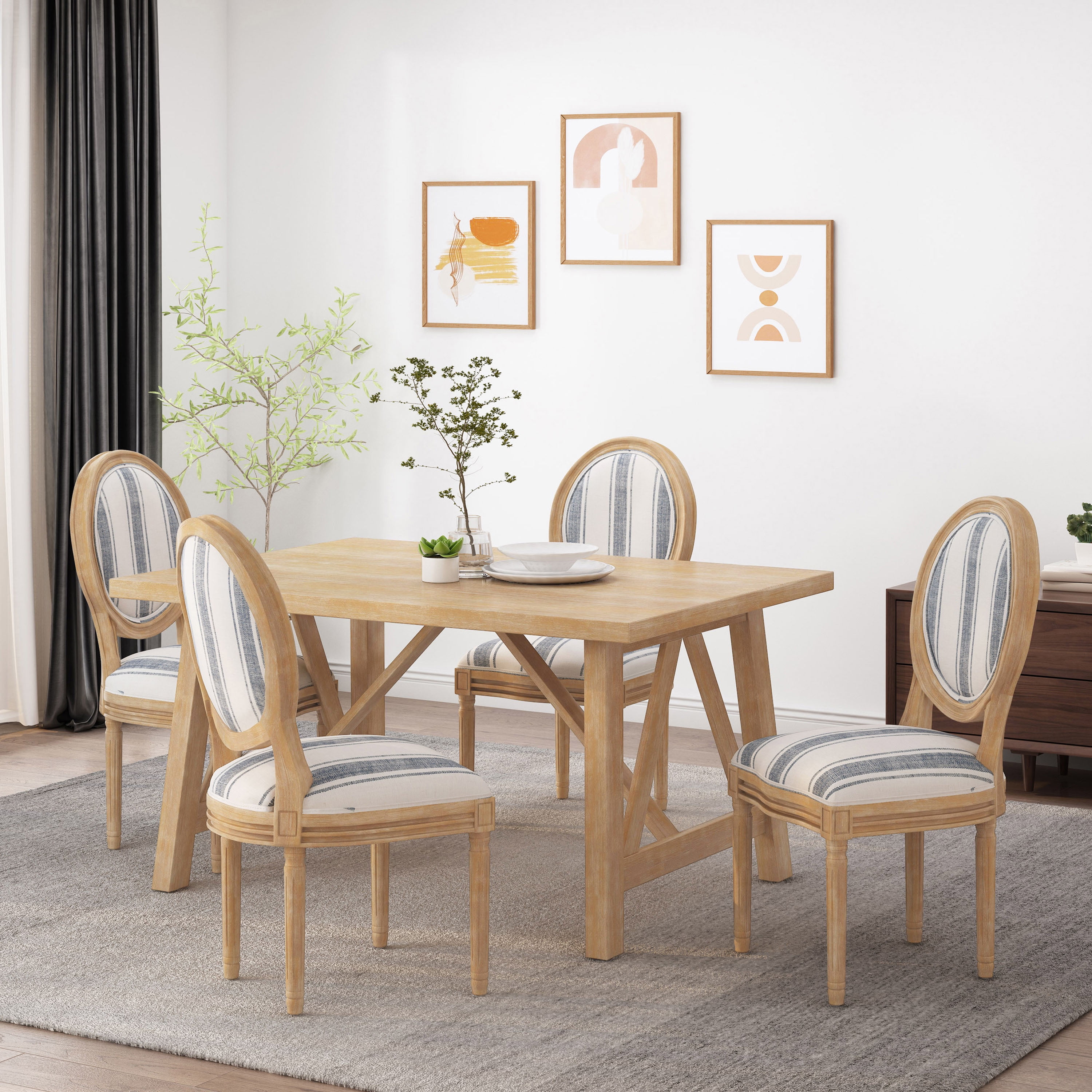 Noble House Karter Indoor French Fabric Dining Chairs, Set of 4, Dark Blue Stripes