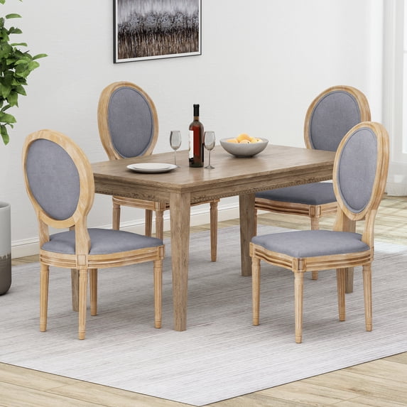 Noble House Karter Indoor French Fabric Dining Chairs, Set of 4, Light Gray