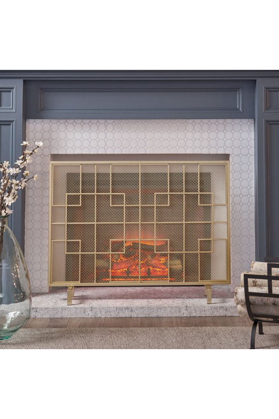 Kassandra Modern Single Panel Iron Firescreen, Gold Finish
