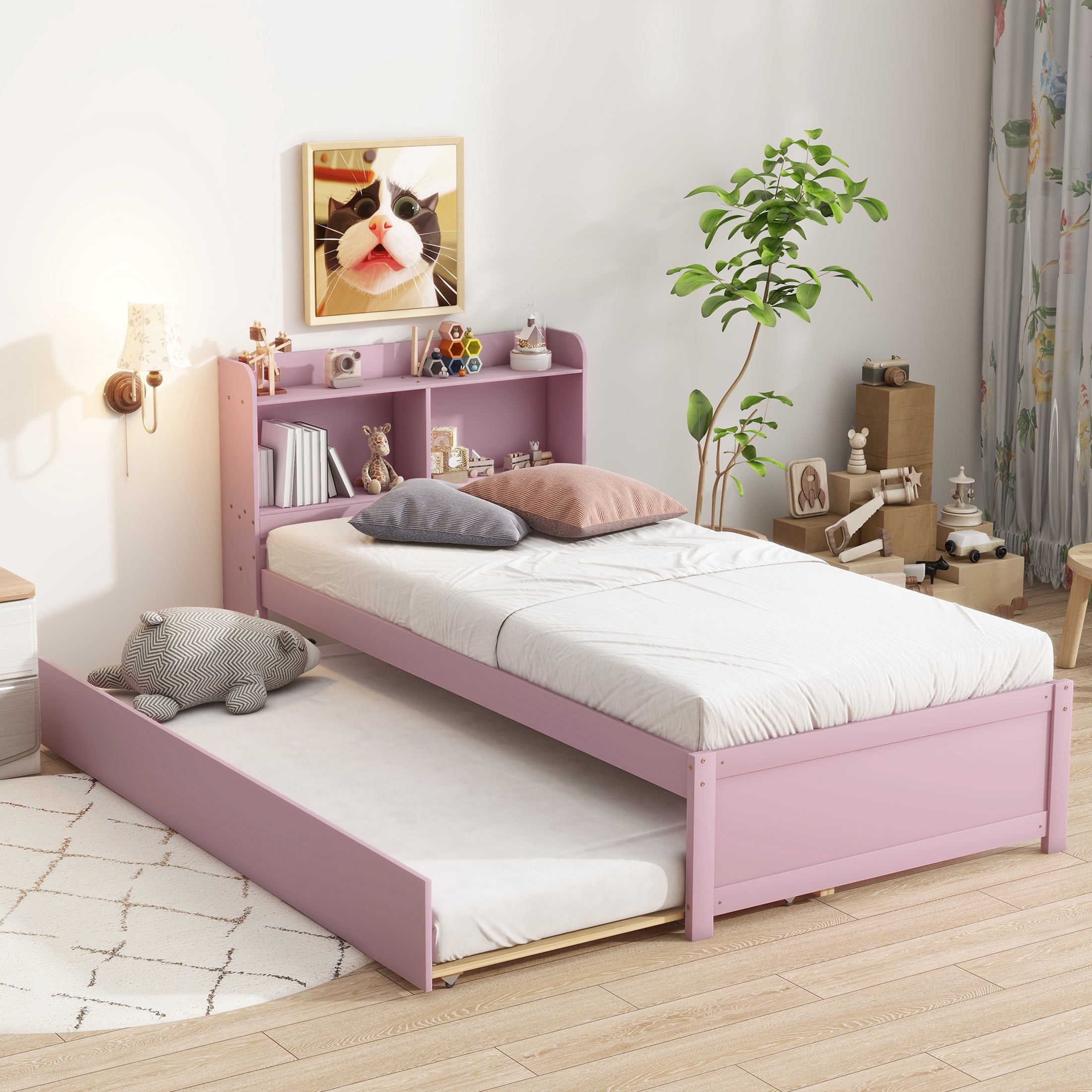 Noble House Katen Twin Bed with Extra Trundle and Bookcase Storage, Pine Wood Platform Bed with Bookshelf, Pink