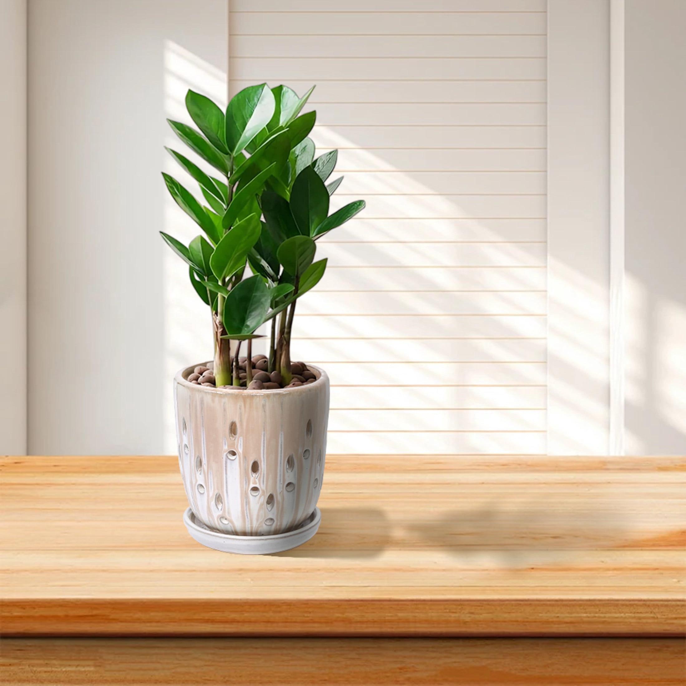 Noble House Katherine Striped Ceramic Planter Set, Weather-Resistant Flowerpots with Drainage Hole, Set of 2, Brown + White