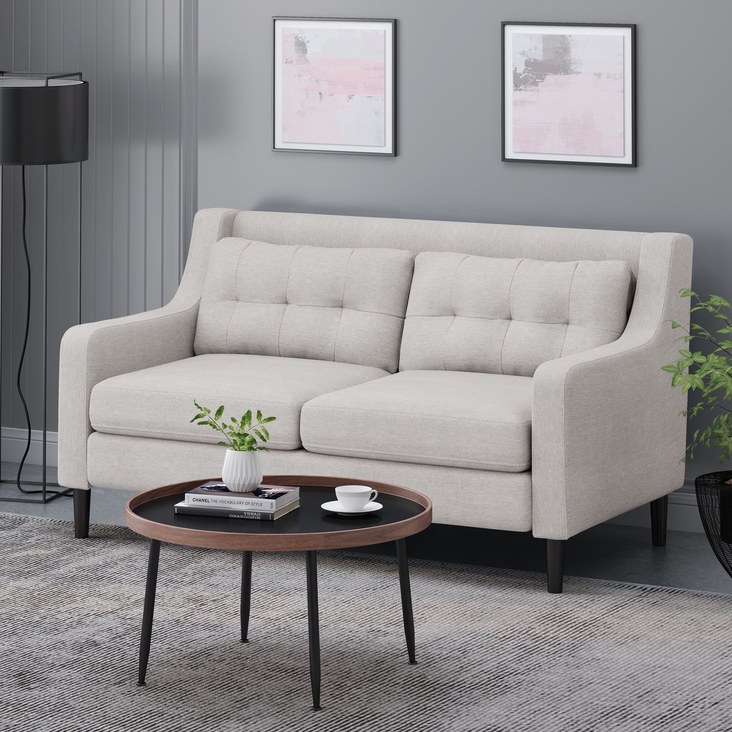 Noble House Kayden Indoor Contemporary Fabric Upholstered Loveseat, Beige, Dark Brown