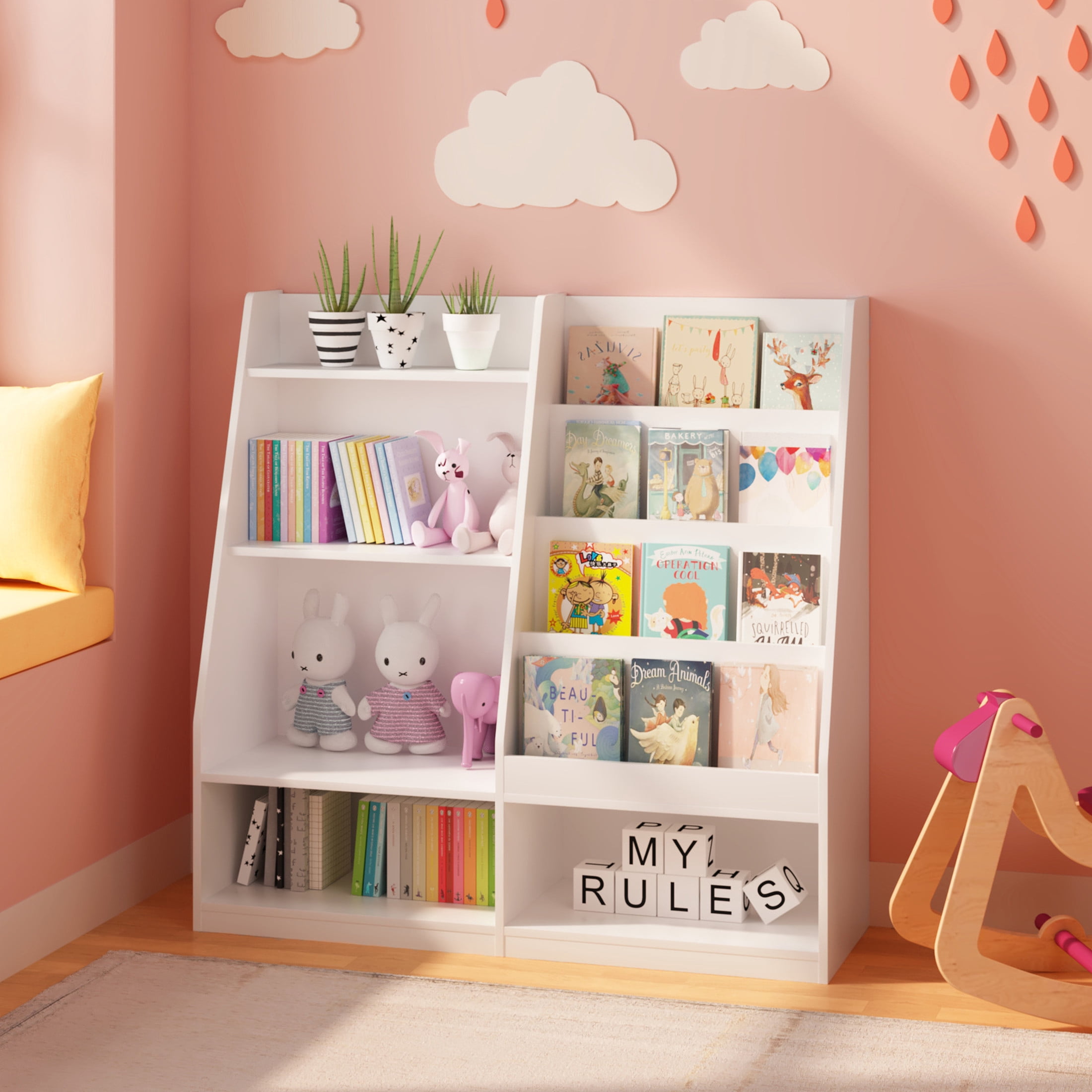Noble House Kids Bookshelf, Toy Storage Organizer, 4-Tier Wooden Bookcase Display Stand, Kids Room, Playroom, White