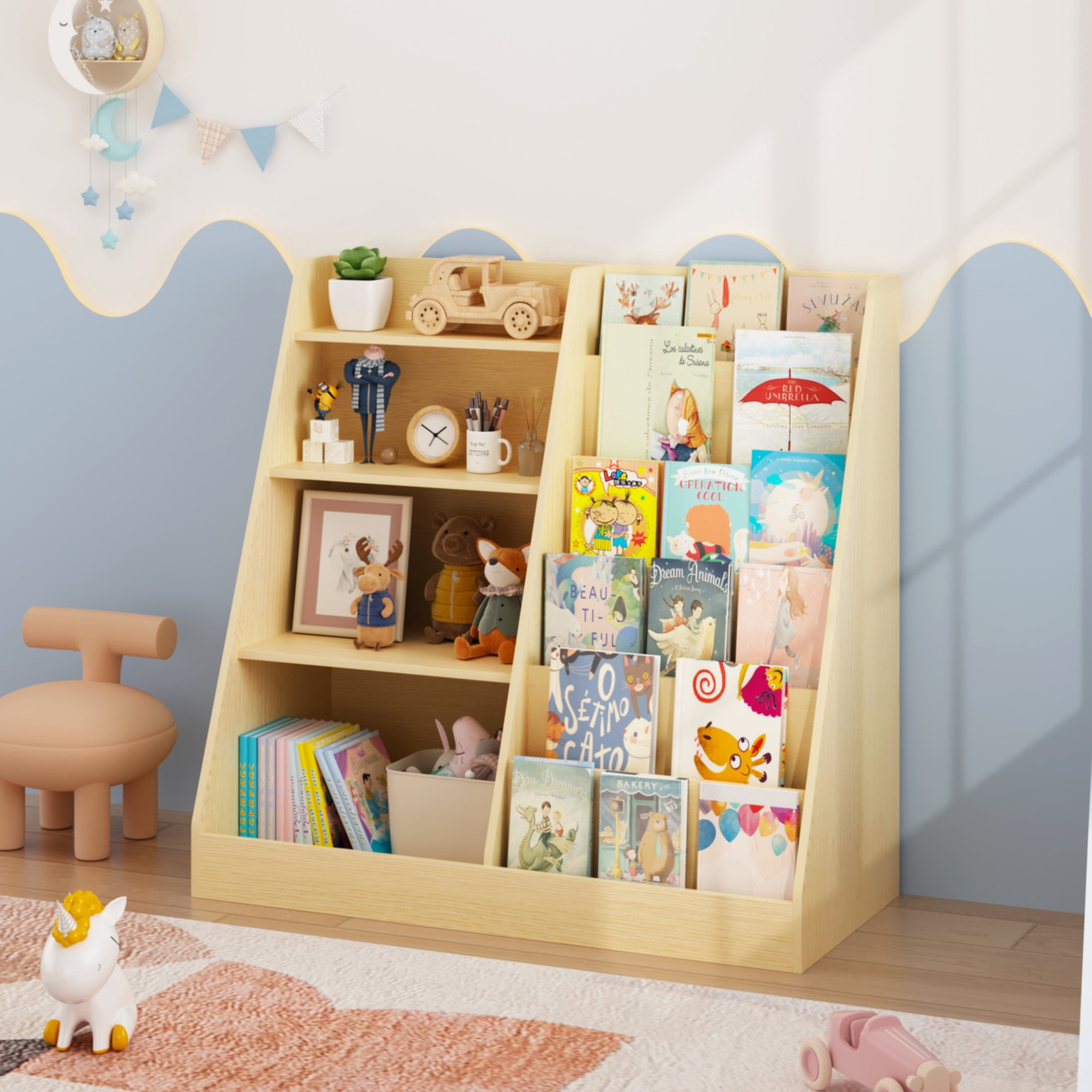 Noble House Kids Bookshelf and Toy Storage Organizer, 4-Tier Wooden Bookcase for Nursery, Playroom, Natural