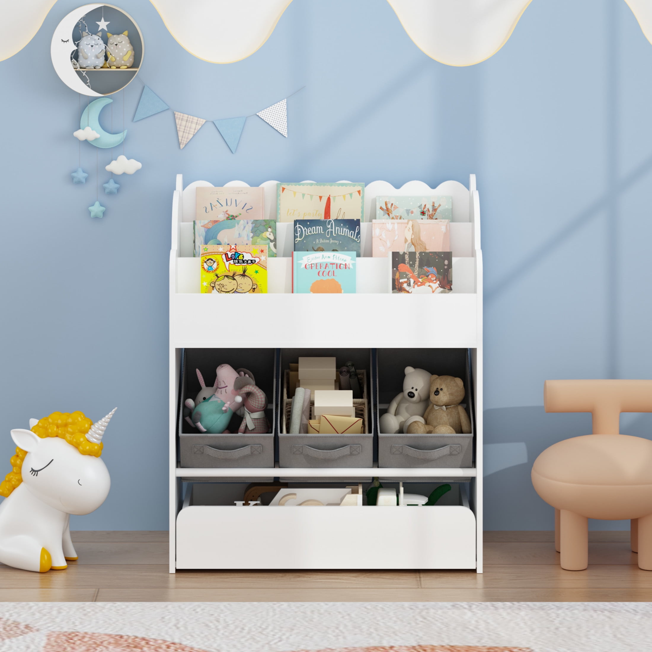 Noble House Kids Bookshelf with Storage Bins and Drawer, Multi-Functional Bookcase for Toys, Books and Nursery, White