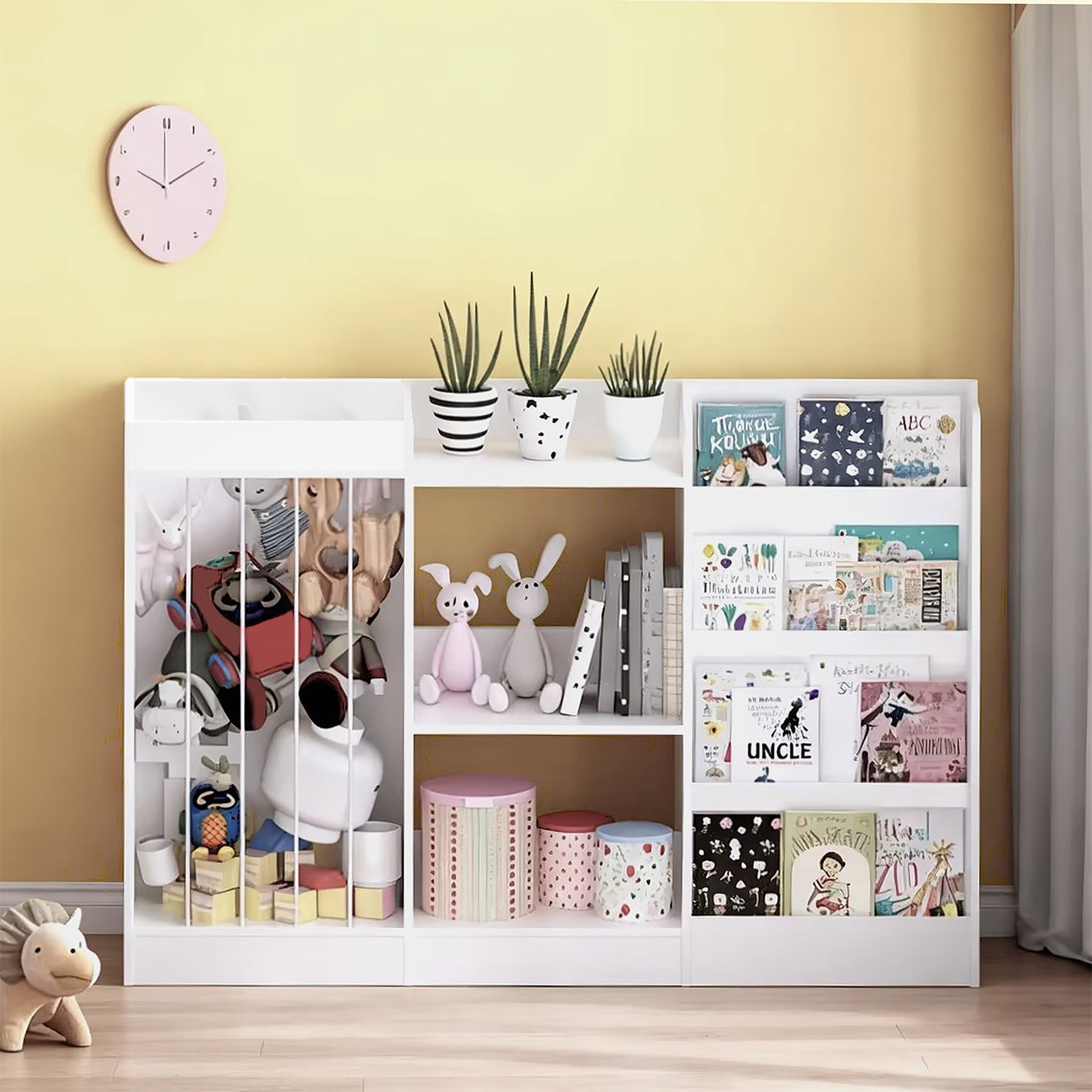 Noble House Kids Montessori Bookshelf, 3-Tier Toy Storage Organizer with Stuffed Animal Bin, Nursery, Playroom, White