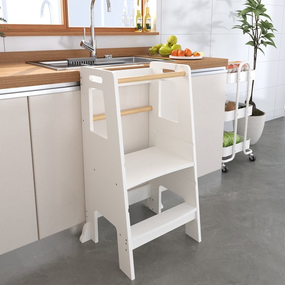 Noble House Kids Montessori Kitchen Helper Standing Tower, Adjustable Wooden Step Stool with Removable Bar, White