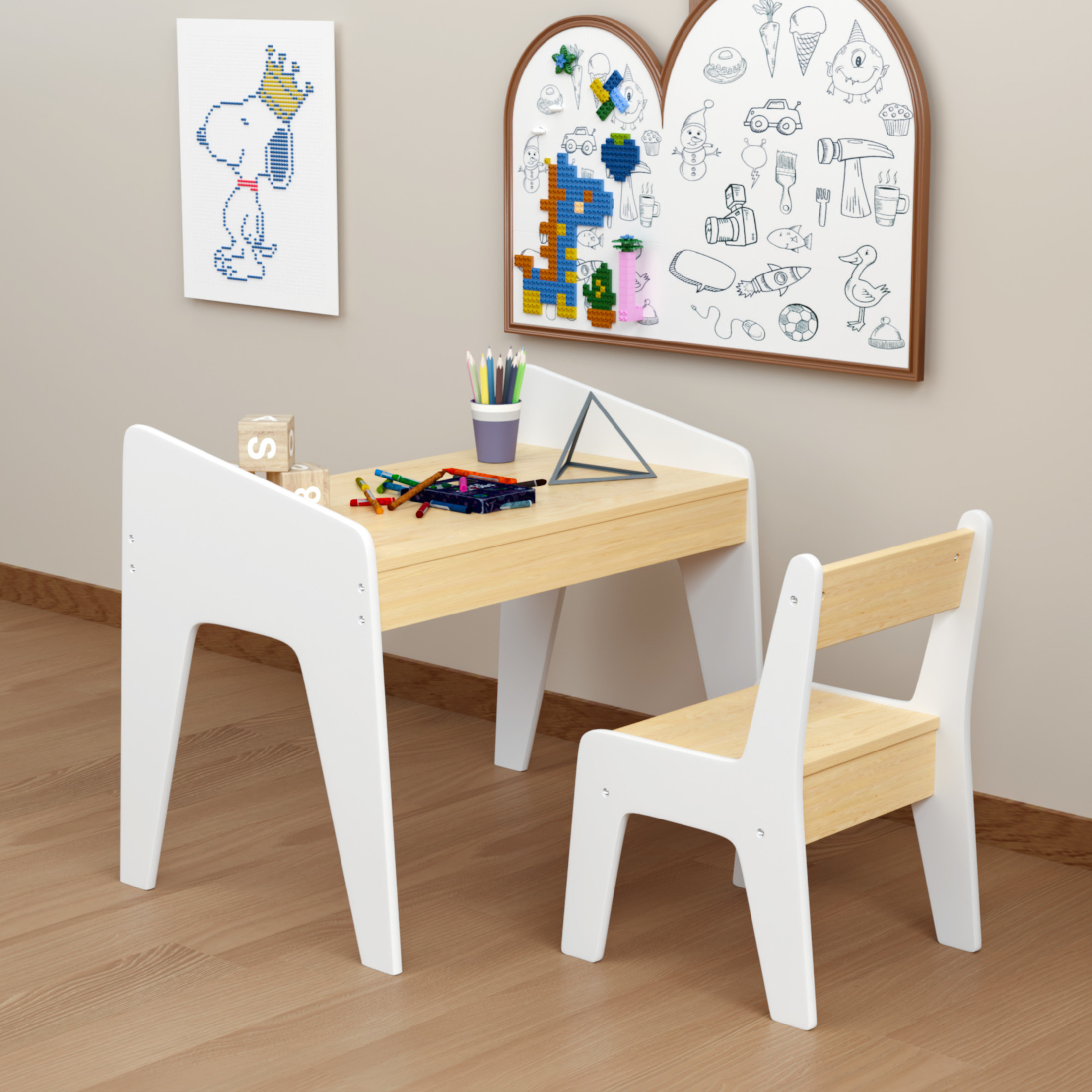 Noble House Kids Wooden Study Table and Chair Set, Children's Desk for Drawing & Reading, Kids Room, White and Natural