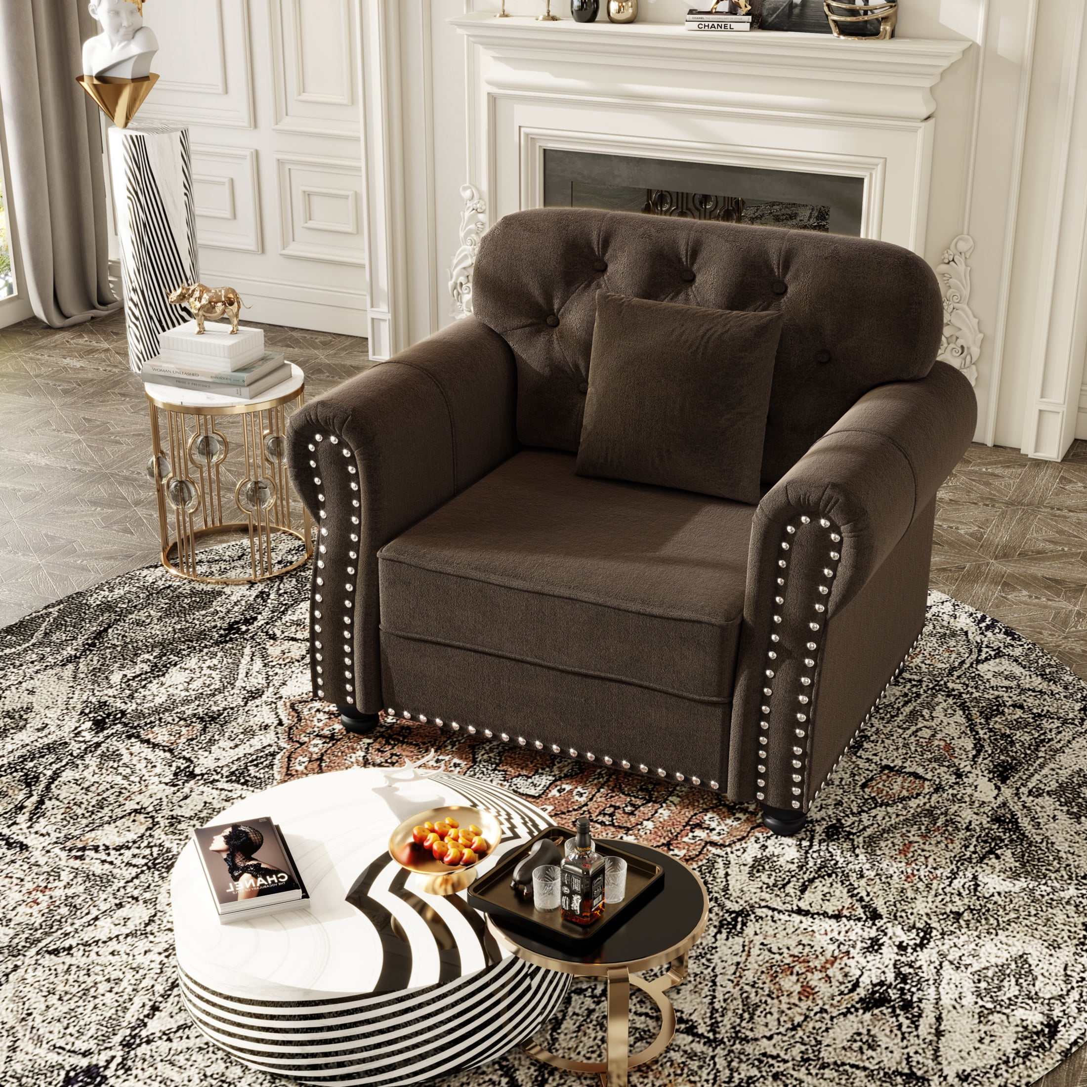Noble House Kieran 1-Seater Velvet Chesterfield Sofa, Modern Tufted Armchair with Nailhead Trim, Brown