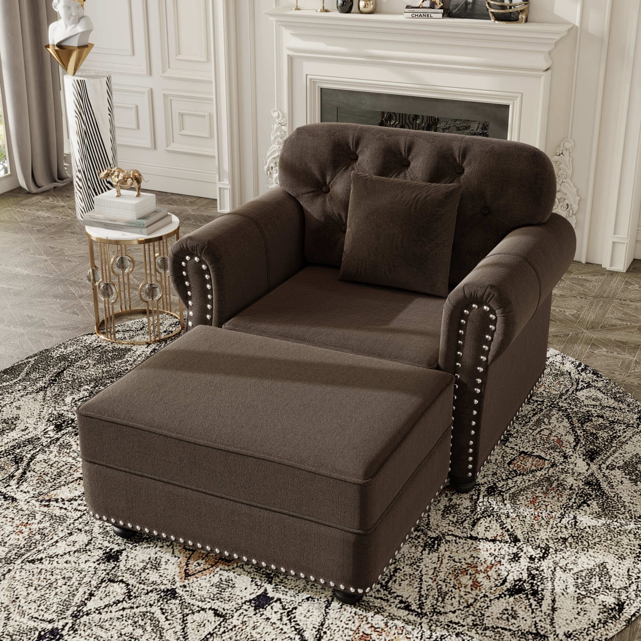 Noble House Kieran 1-Seater Velvet Chesterfield Sofa, Modern Tufted Armchair with Nailhead Trim and Ottoman, Brown