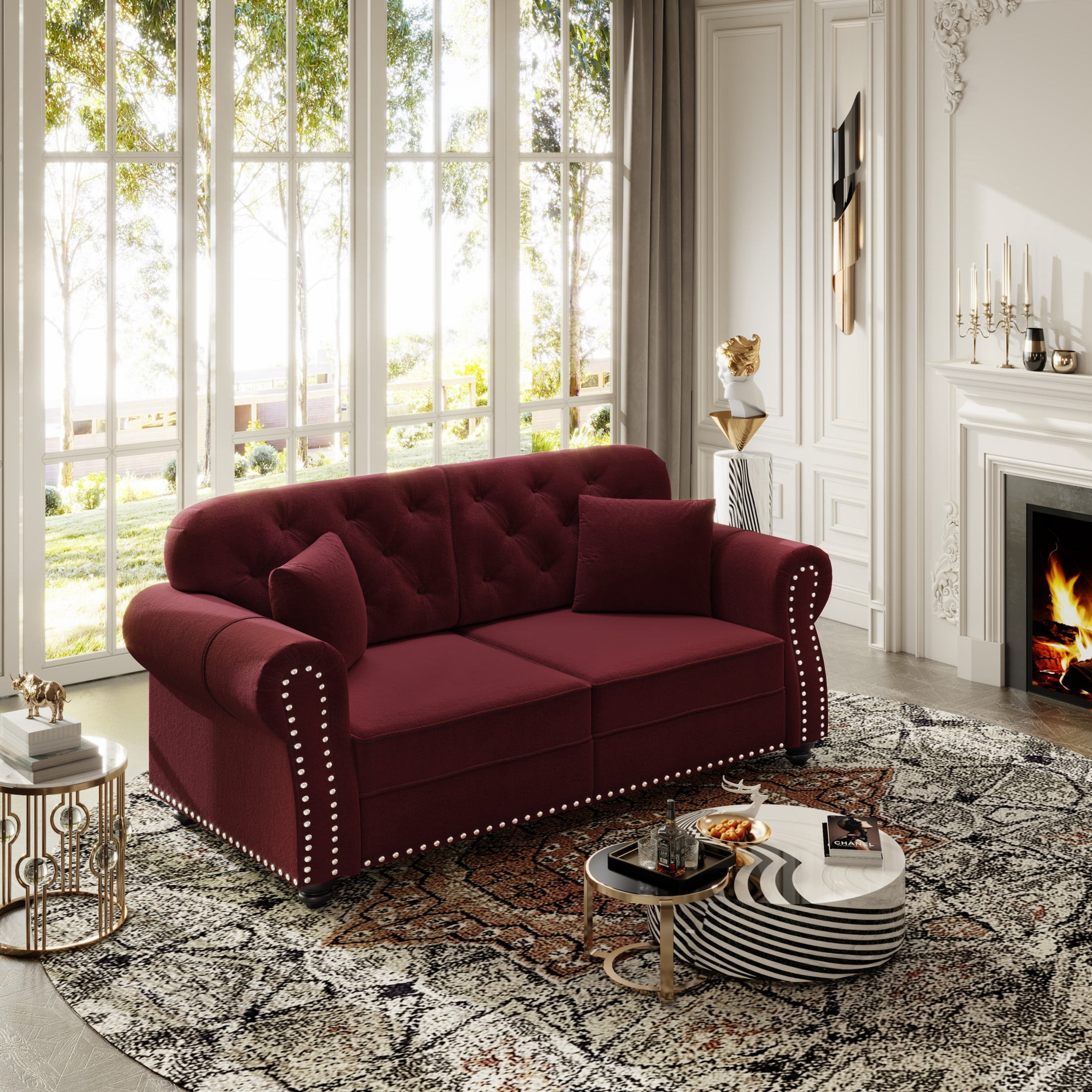 Noble House Kieran 2-Seater Velvet Chesterfield Sofa, Modern Tufted Armchair with Nailhead Trim, Burgundy