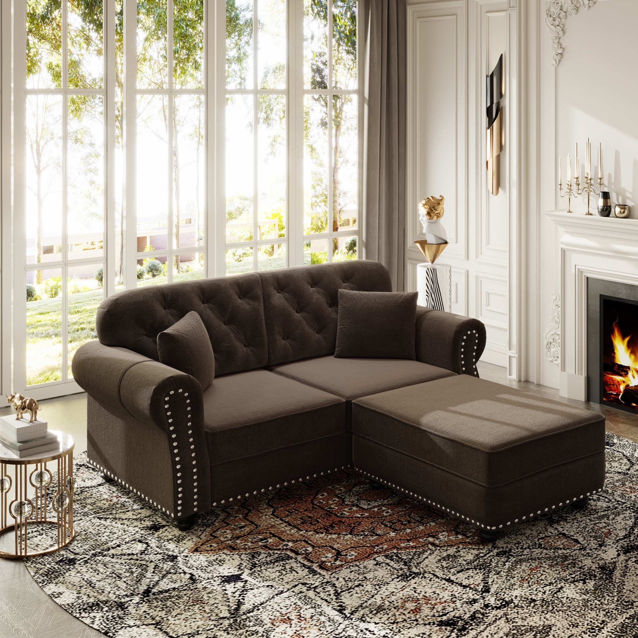 Noble House Kieran 2-Seater Velvet Chesterfield Sofa, Modern Tufted Armchair with Nailhead Trim and Ottoman, Brown