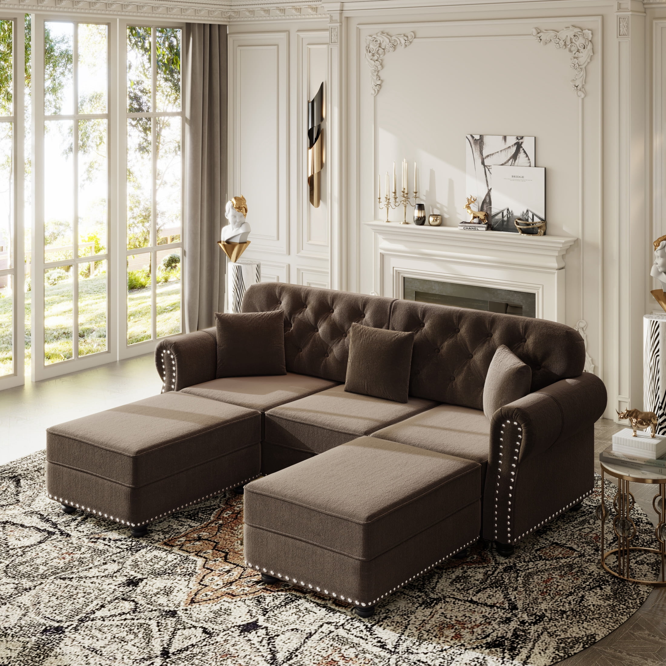 Noble House Kieran 3-Seater Velvet Chesterfield Sofa, Modern Tufted Armchair with Nailhead Trim and 2 Ottomans, Brown