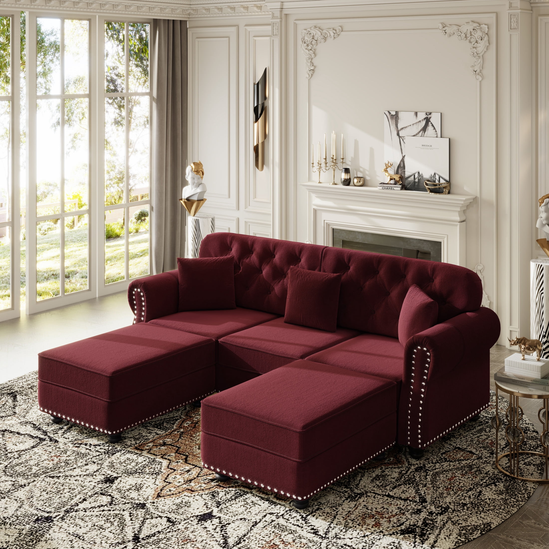 Noble House Kieran 3-Seater Velvet Chesterfield Sofa, Modern Tufted Armchair with Nailhead Trim and 2 Ottomans, Burgundy