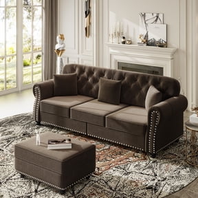 Noble House Kieran 3-Seater Velvet Chesterfield Sofa, Modern Tufted Armchair with Nailhead Trim and Ottoman, Brown