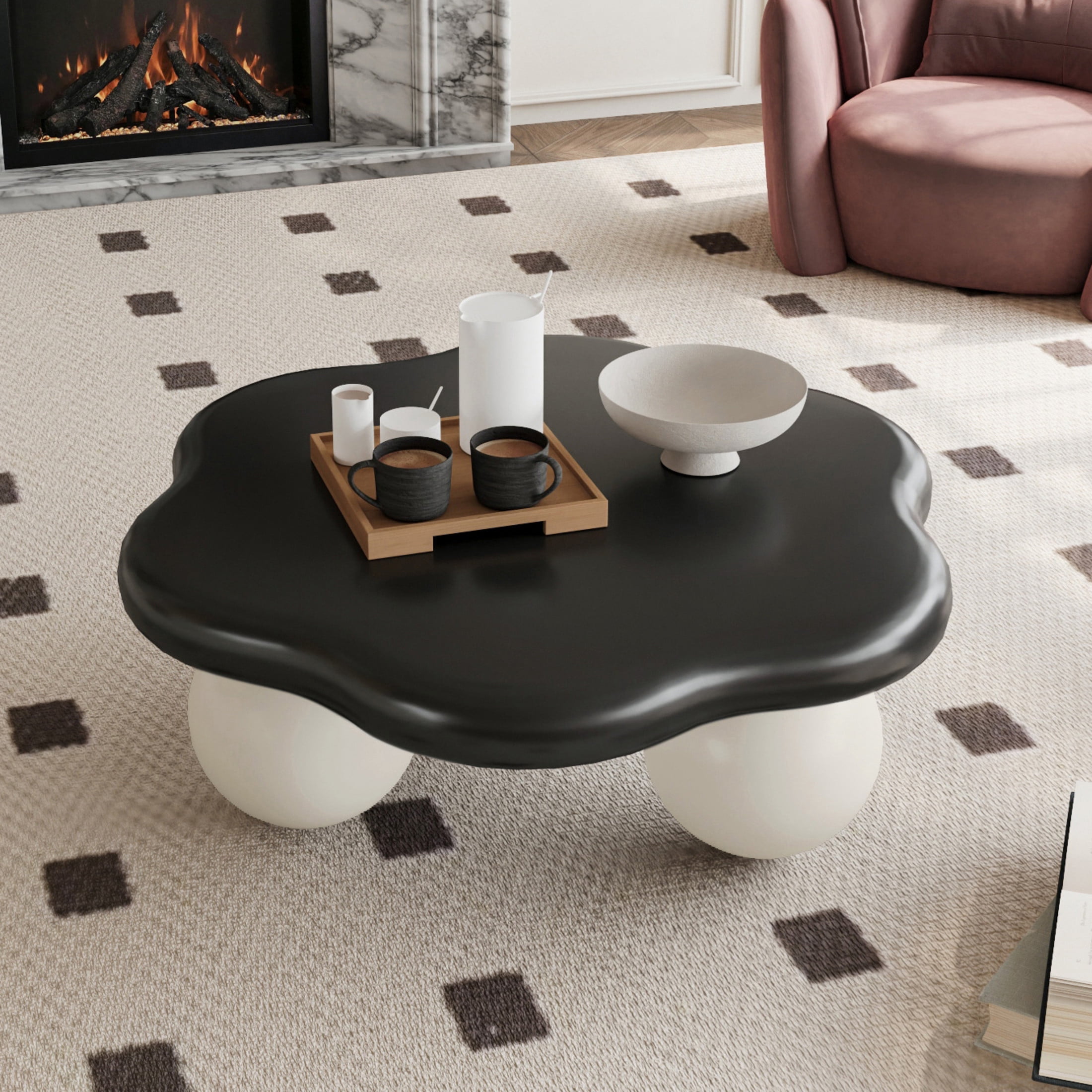 Noble House Kieran 35" Cloud Coffee Table, Modern Minimalist Living Room Table, Small Space Accent Table, Black Top White Legs