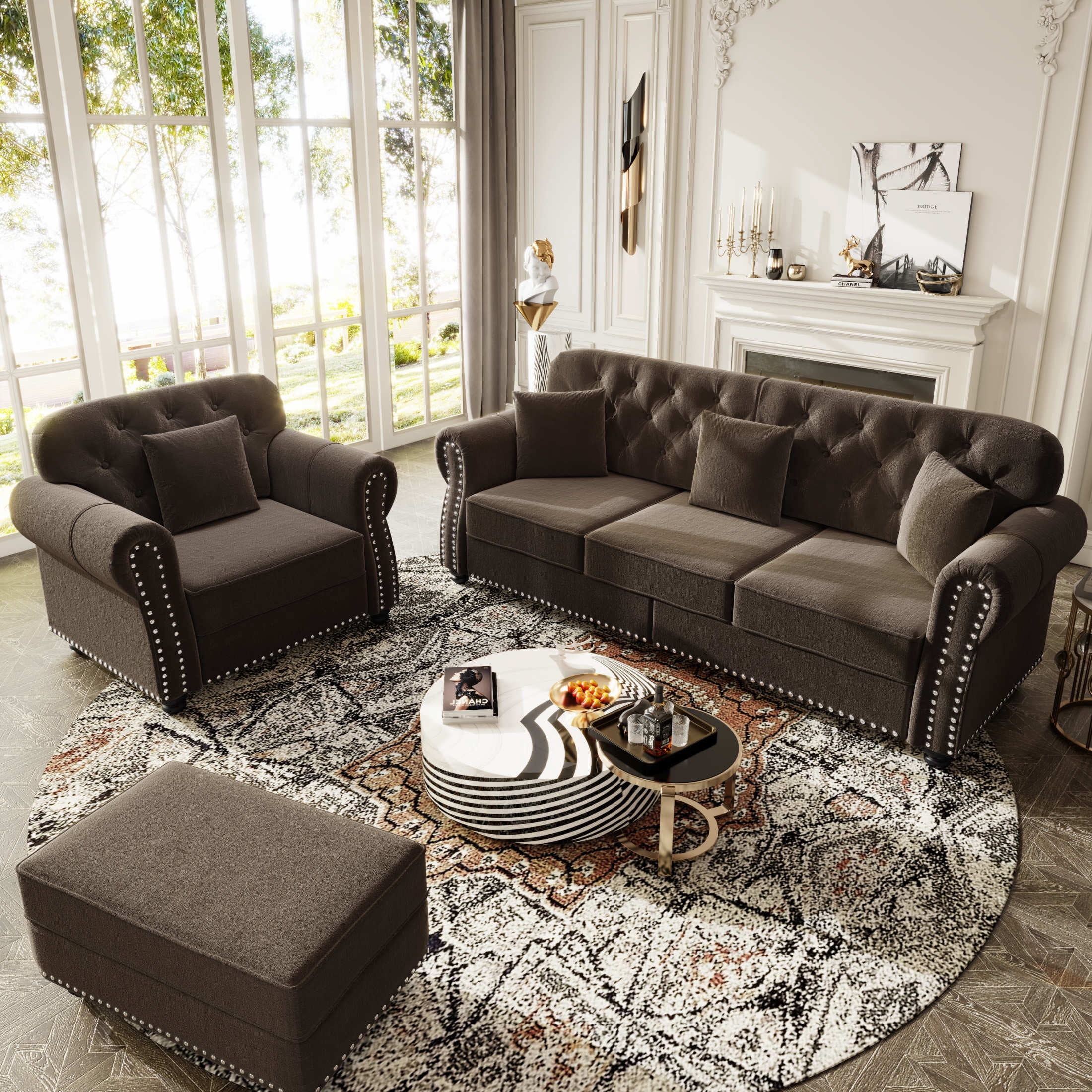 Noble House Kieran 4-Seater Velvet Chesterfield Sofa, Modern Tufted Armchair with Nailhead Trim and Ottoman, Brown