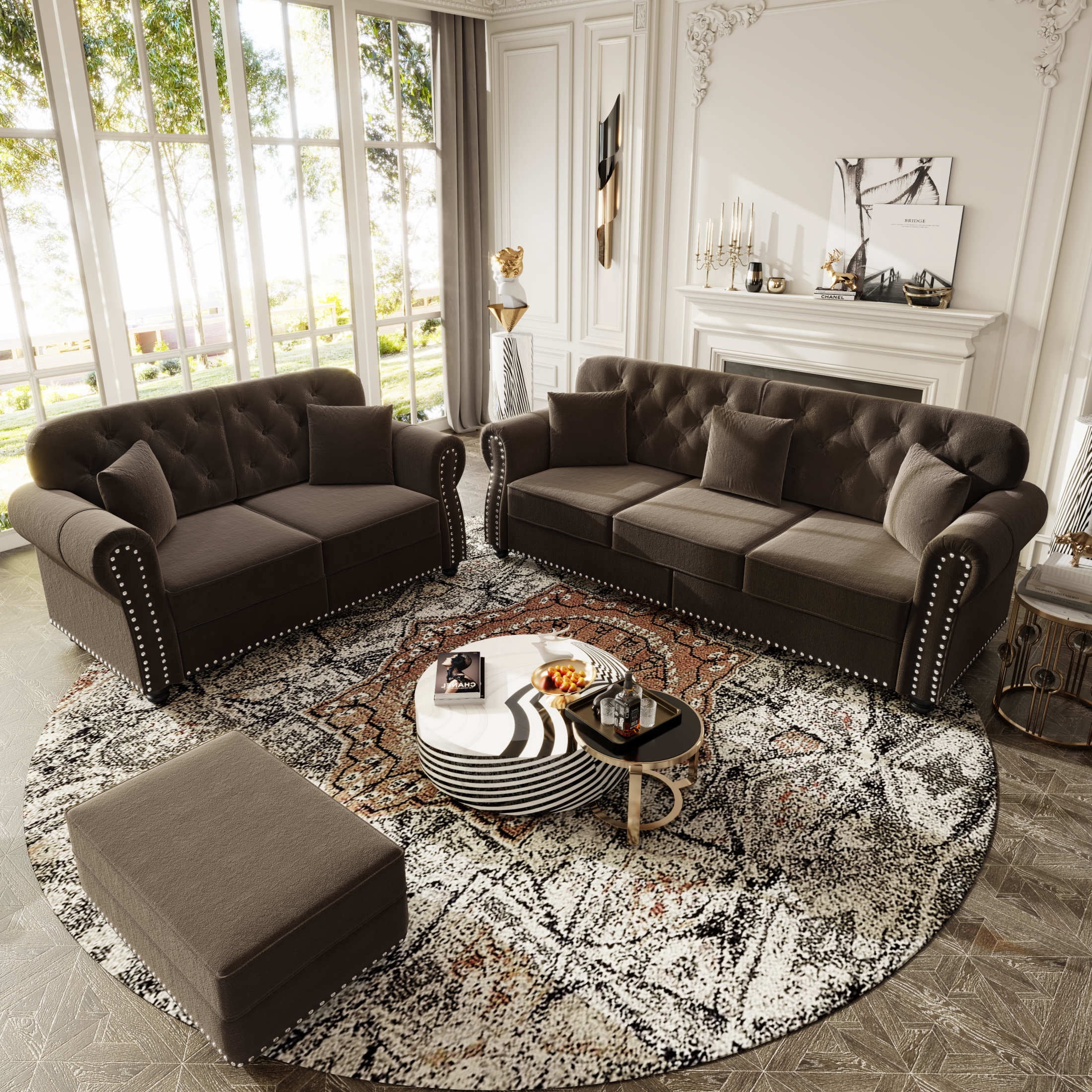 Noble House Kieran 5-Seater Velvet Chesterfield Sofa, Modern Tufted Armchair with Nailhead Trim and Ottoman, Brown
