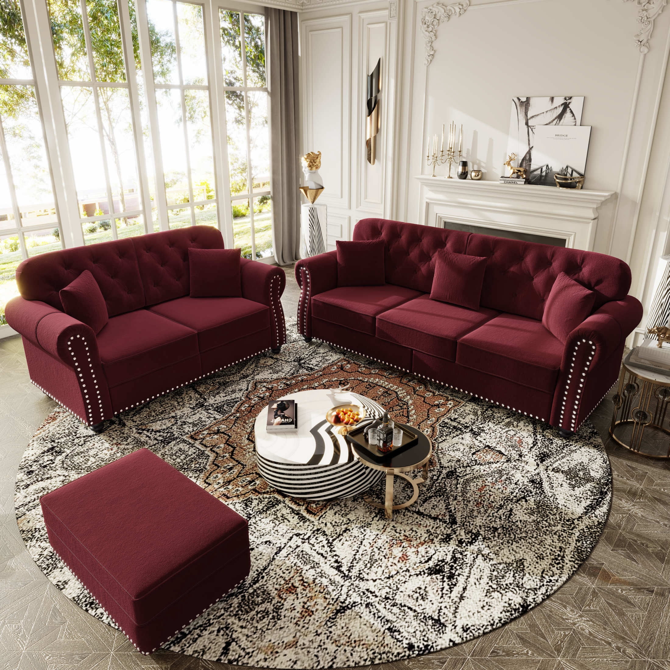 Noble House Kieran 5-Seater Velvet Chesterfield Sofa, Modern Tufted Armchair with Nailhead Trim and Ottoman, Burgundy