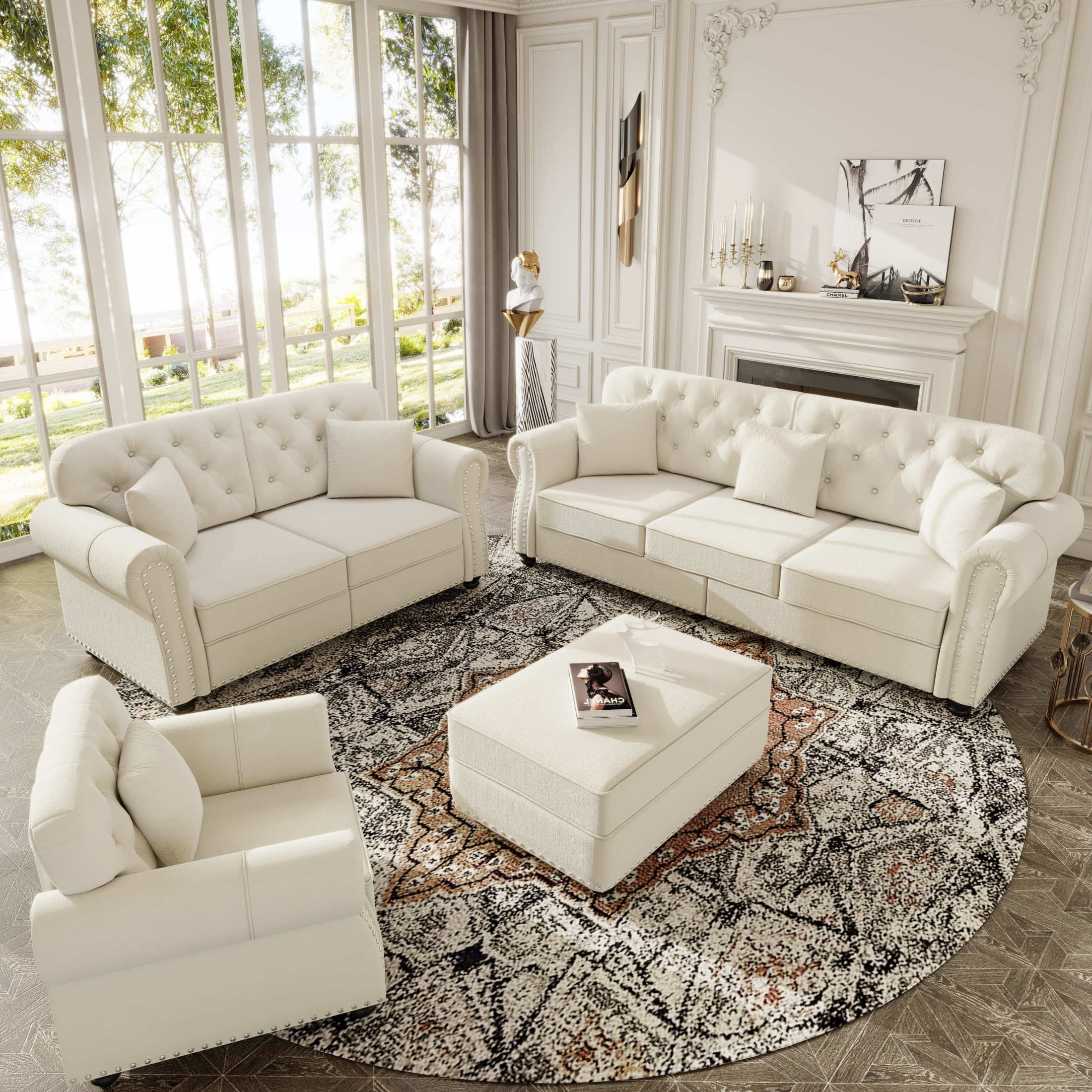 Noble House Kieran 6-Seater Velvet Chesterfield Sofa, Modern Tufted Armchair with Nailhead Trim and Ottoman, Beige White