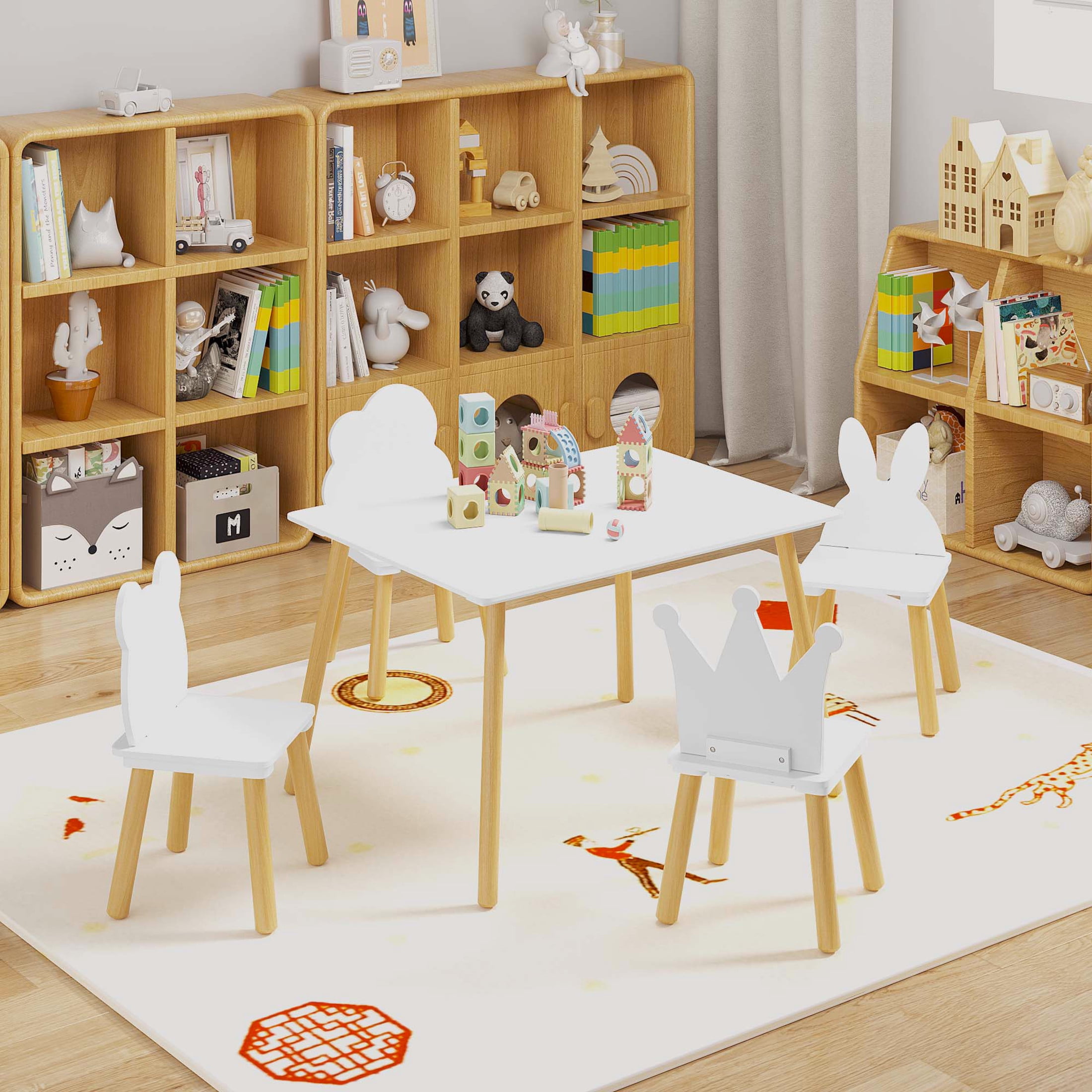 Noble House Kilby 5-Piece Kids Toddler Table & 4 Chairs Set, Animal Backrest Wooden Activity Play Set, White & Natural