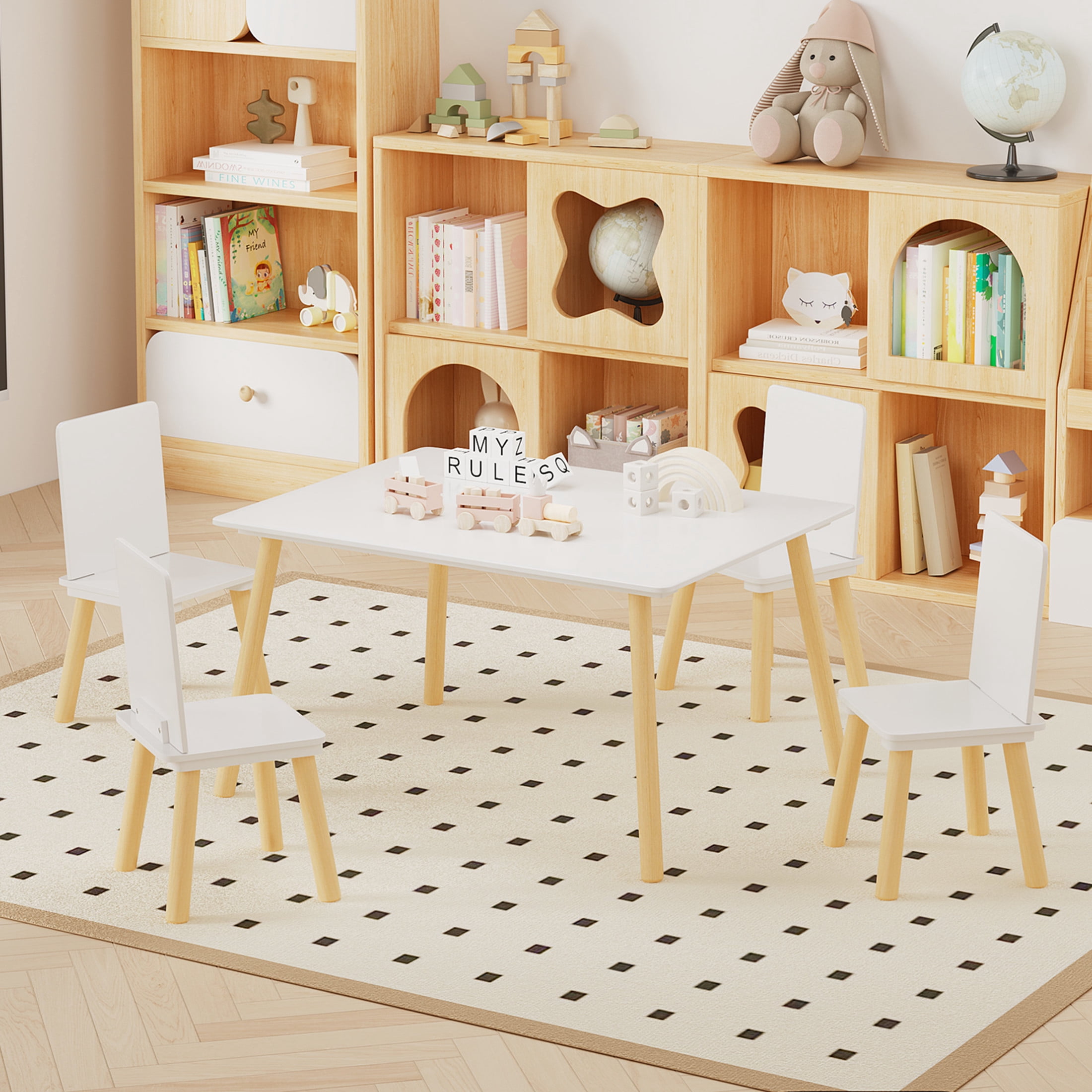 Noble House Kilby 5-Piece Kids Toddler Table & 4 Chairs Set, Square Backrest Wooden Activity Play Set, White & Natural