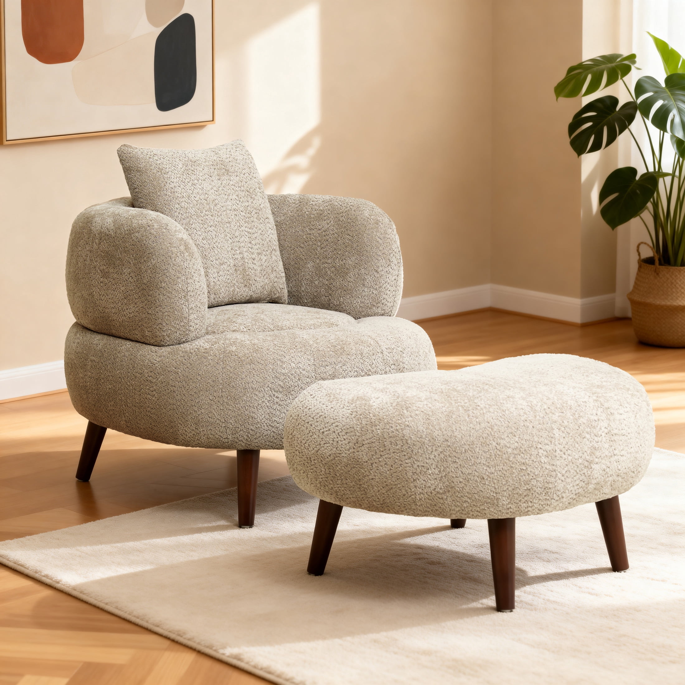 Noble House Kilby Nordic 36" Chenille Bucket Accent Chair with Ottoman, Lazy Lounge Club Chair for Living Room, Camel