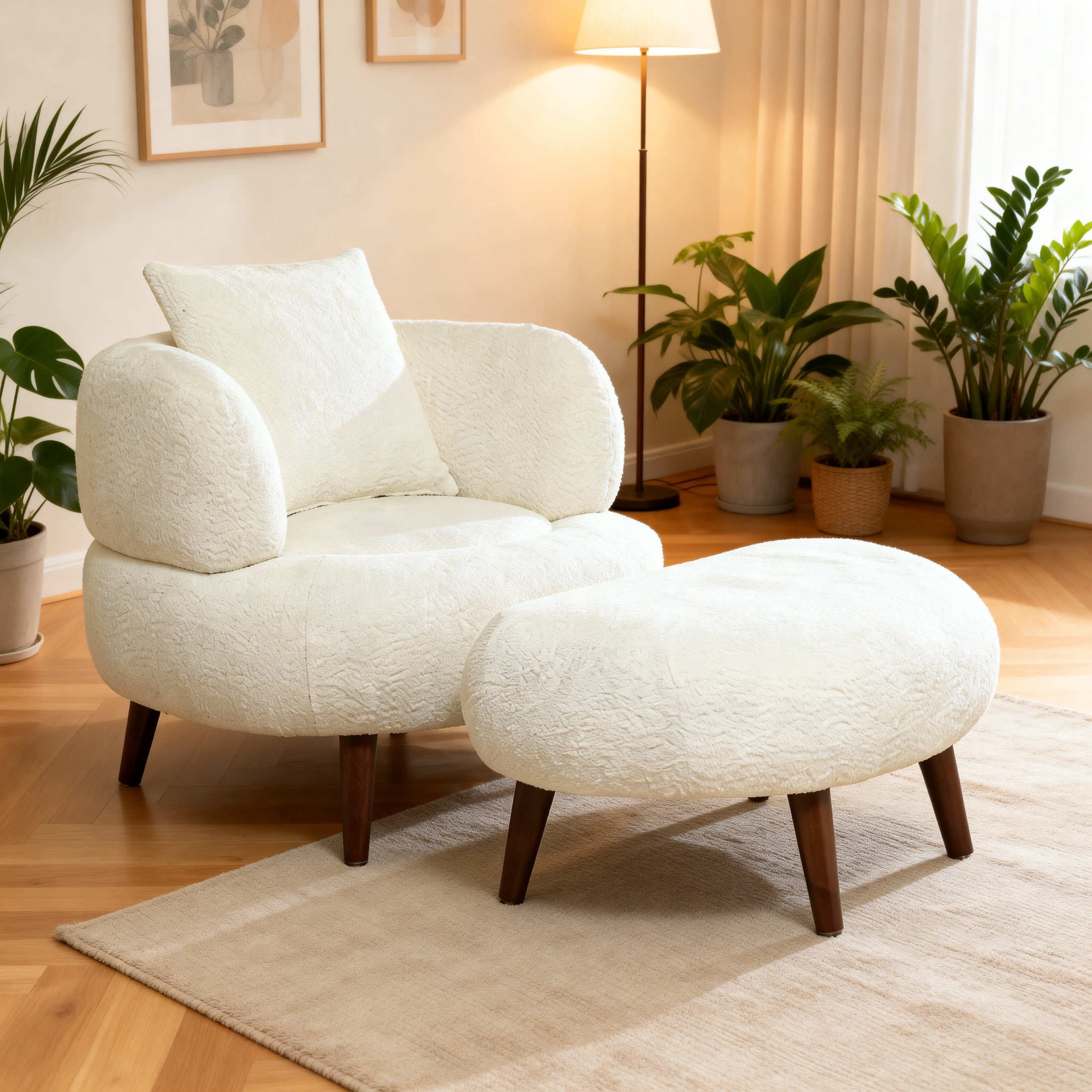 Noble House Kilby Nordic 36" Chenille Bucket Accent Chair with Ottoman, Lazy Lounge Club Chair for Living Room, White