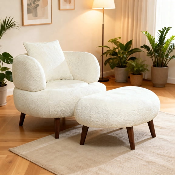 Noble House Kilby Nordic 36" Chenille Bucket Accent Chair with Ottoman, Lazy Lounge Club Chair for Living Room, White