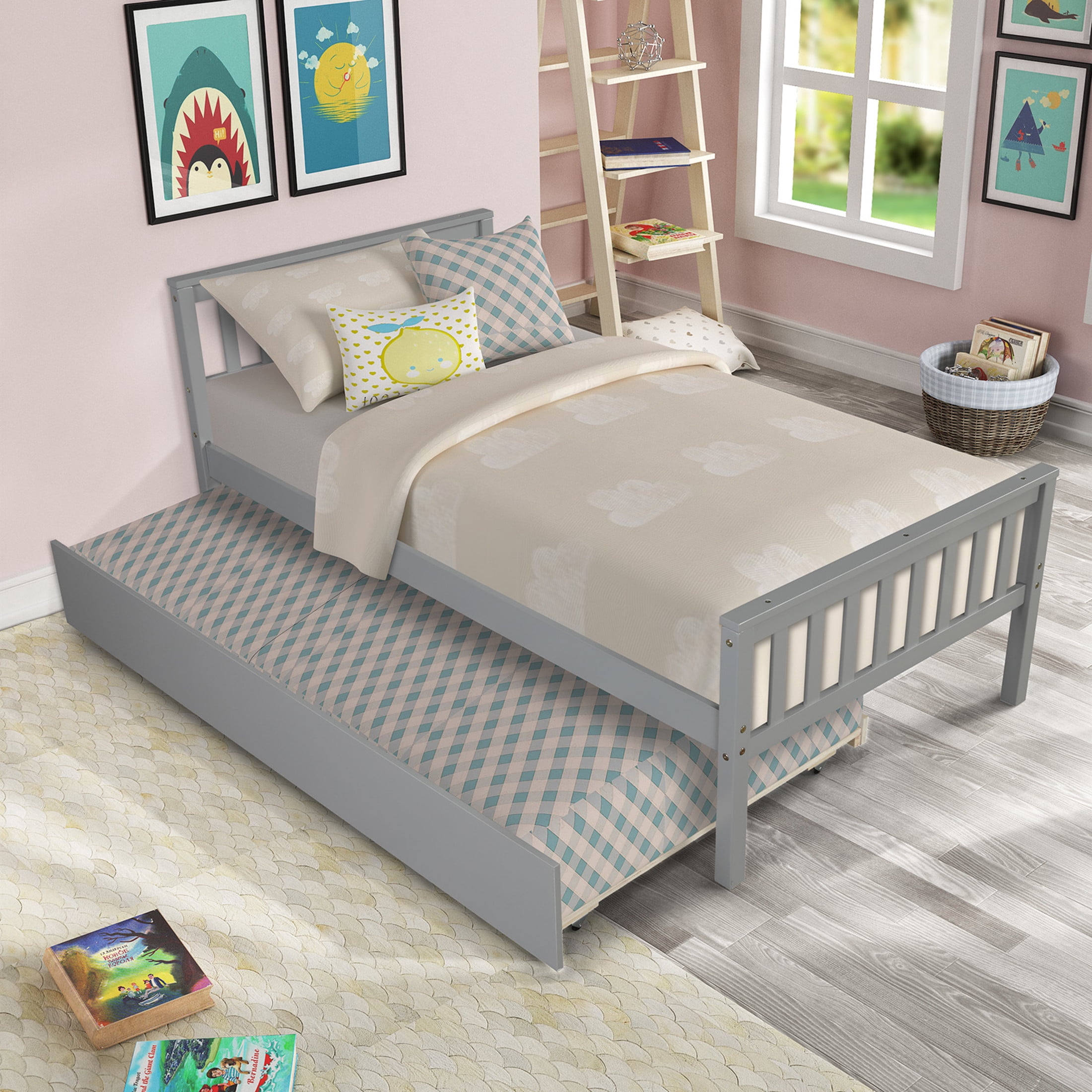 Noble House Kilby Twin Platform Bed with Pull-out Trundle, Hardside Pine Wood Bed Frame with Headboard, Gray